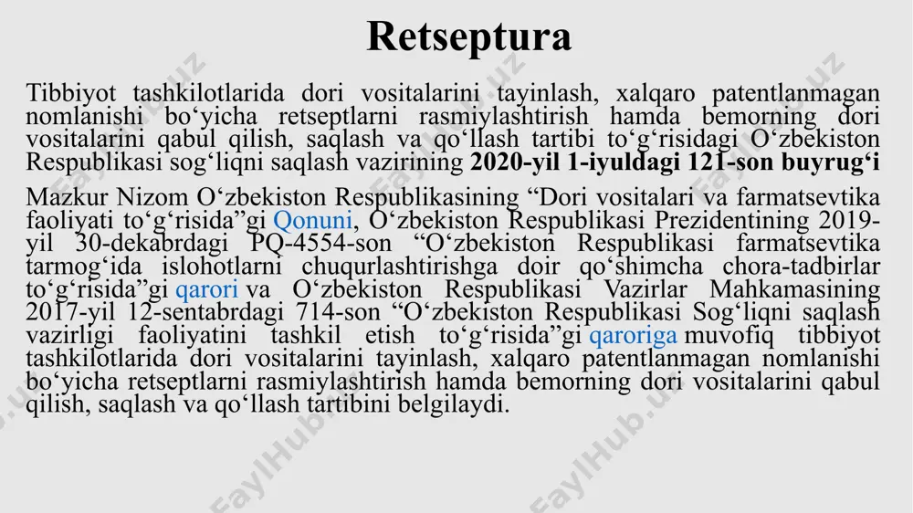 iladigan dorini takrorlash zarurati tugʻilsa, shifokor buni retseptning koʻrinib turadigan joyiga yozib qoʻyishi lozim. masalan, repetatur takrorlansin, bis repetatur ikki marta takrorlansin. retsept tuzilishi va shakllari bitta retsept blankasida 2 ta retsept yozilgan taqdirda ular bir-biridan # belgisi bilan ajratiladi. retseptda lotincha soʻz va ifodalarning qisqartirilgan shakli qoʻllanilishi mumkin. soʻz undosh harfda qisqartiriladi, agar juft undosh boʻlsa – ikkinchi harfda qisqaradi. retsept yozish qoidalari doza – bu dori moddalarining organizmga bir marotaba kiritiladigan, ma‘lum farmakologik ta‘sirni yuzaga keltiruvchi miqdoridir. dozaning quyidagi turlari mavjud: bir martalik doza (dosis pro dosi) sutkalik doza (dosis pro die) kurslik doza (dosis pro curso) ushbu dozalarning har biri oʻrtacha terapevtik, yuqori terapevtik va minimal (boʻsagʻa) dozalariga boʻlinadi. retsept yozish qoidalari oʻlim rivojlantiruvchi doza (dosis letalis) zaharli yoki toksik doza (dosis toxica) maksimal yoki yuqori doza (dosis maxima - md) terapevtik yoki oʻrtacha doza (dosis terapevtica - td) minimal, yoki boʻsagʻa dozasi (dosis minima - md) …