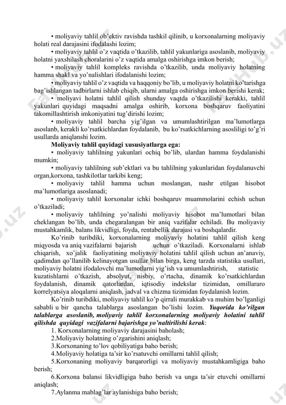 latini, joylashganligini va ulardan foydalanish darajasini ifodalaydi; • korxonalar faoliyatidagi butun ishlab chiqarish va xo’jalik omillarining harakati, ularning o’zaro aloqadorlik natijasidir; • korxonalarning mo’’tadil ishlab chiqarish, tadbirkorlik va boshqa faoliyati uchun zarur bo’lgan moliyaviy resurslar bilan ta’minlanganligi va ulardan samarali foydalanish ifodasidir; • korxonalarning boshqa xo’jalik sub’ektlari, organlari va tashkilotlari bilan o’zaro aloqalarni haqiqiy aks ettirishidir. korxonalarning ichki va tashqi omillar ta’siri ostida shakllangan moliyaviy holati, ularning istiqbolini aniqlash bilan birga, bu korxona bilan aloqada bo’lgan boshqa tashkilotlar va korxonalarning moliyaviy holatiga ta’sir ko’rsatadi. umuman korxonalarning ishlab chiqarish, xo’jalik faoliyatini, jumladan ularning moliyaviy holati tahlili asosini bir butun kompleks iqtisodiy fanlar: iqtisodiy nazariya, makro va mikro iqtisodiyot, menejment va marketing, statistika, buxgalteriya hisobi, audit, moliya, kredit, pul muomalasi va boshg’alar tashkil etadi. demak, tahlilchi mutaxassis-auditorlar keng iqtisodiy ilmga ega bo’lishlari lozim. korxonalarning moliyaviy holatini tahlil qilish, ya’ni moliyaviy tahlil - bu keng ko’rsatkichlar yordamida, kompleks usullaridan foydalanib korxonalarning moliyaviy resurslari …