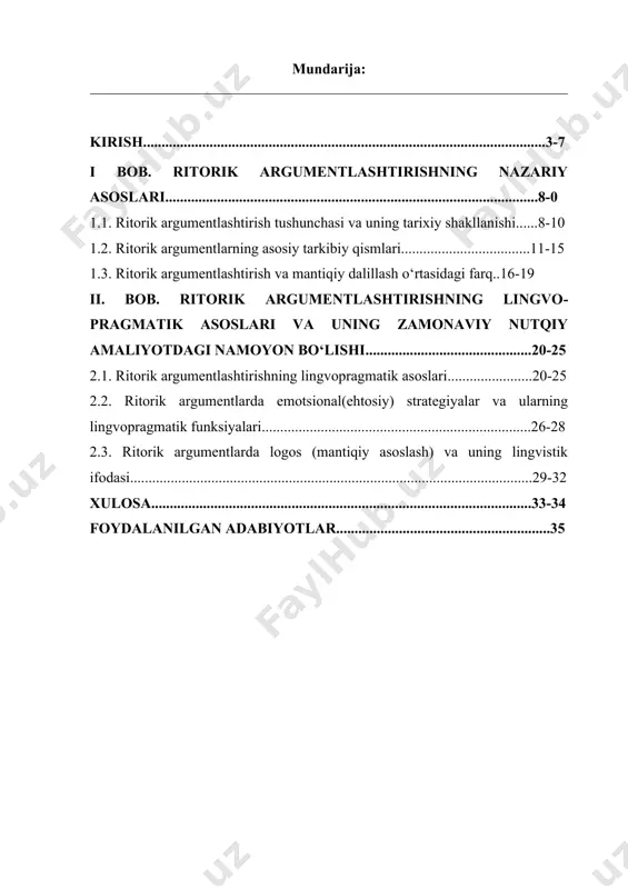 orika so‘zining o‘zi qadimgi yunon tilidan olingan bo‘lib, "so‘zlash", "nutq" ma’nolarini bildiradi. ushbu tushuncha ilk bora qadimgi yunoniston va rimda paydo bo‘lib, mashhur faylasuflar-aristotel, platon, siseron tomonidan chuqur o‘rganilgan. ayniqsa, aristotel ritorikani alohida fan sifatida ko‘rib chiqqan va uni mantiqiy fikrlash, emotsional ta’sir va axloqiy ishonchlilik mezonlari asosida tushuntirib bergan. aristotel ritorikani san’at deb atagan, chunki u insonlarga og‘zaki yoki yozma shaklda fikrini chiroyli va tushunarli tarzda yetkazishni o‘rgatadi. ritorik argumentlashtirishning asosiy kuchi-inson ruhiyatiga kirib borish, uni his-tuyg‘u, ong, axloqiy qadriyatlar va mantiqiy fikrlash orqali ishontirishdir. bu uslub insonlar orasidagi muloqotni mustahkamlashda, qarama-qarshi tomonlar o‘rtasida murosaga erishishda ham muhim vosita bo‘lib xizmat qiladi. masalan, sud jarayonida advokatlar yoki prokurorlar dalillarni keltirar ekan, ular faqatgina faktlarga tayangan holda emas, balki tinglovchilar yoki hakamlar hay’atiga ruhiy ta’sir ko‘rsatish uchun ham ritorik argumentlardan foydalanadilar. kurs ishi mavzusining o’rganilganlik darajasi. ritorik argumentlashtirish masalasi qadimdan tilshunoslik, falsafa, mantiq va adabiyotshunoslik sohalarining kesishgan nuqtasida shakllanib kelayotgan …