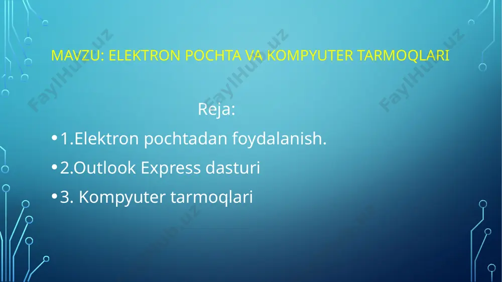 ugmachalari joylashgan. elektron pochta bilan ishlashda asboblar paneli tugmachalaridan foydalanish juda qulay. shuning uchun quyida asosiy tugmachalarning tafsifini keltiramiz. xat yozish va junatish tartibi dostingizga xat yozish uchun создат сообщение tugmachada sichqonchani cherting. natijada ekranda quyidagi darcha рosil boladi. кому maydonida dostingiz elektron adresi yoziladi. masalan, копия maydonida xat nusxalari yuborilgan mualliflar adreslari keltiriladi. тема maydonida xatning mavzusini korsating. masalan, “taklif”. pastki darchada xat yoziladi. masalan, “hurmatli saidaxon, sizni institutimizda 5 yanvar soat da otkaziladigan konferensiyaga taklif etamiz. manzil.: mustaqillik kochasi,225. ehtirom ila at va mm kafedrasi”. xatni tugri yozganingizni quyidagi rasm yordamida tekshirib koring: xujjatlarni jonatish tartibi biror xujjatni yoki grafik, audio va videoli faylni xatga ilova qilishingiz mumkin. odatda hisobotlar, turli xujjatlar, rasm, yoki shunga oxshash ma’lumotlar ilova yordamida jonatiladi. xujjatlarni tayyorlangan formatida jonatgan ma’qul. masalan, word yoki excelda ishlangan. rasm, multimedia, audio yoki videoni ham oz formatida yuborish zarur. lekin bu fayllarning xajmi kattaligini hisobga olib ularni …