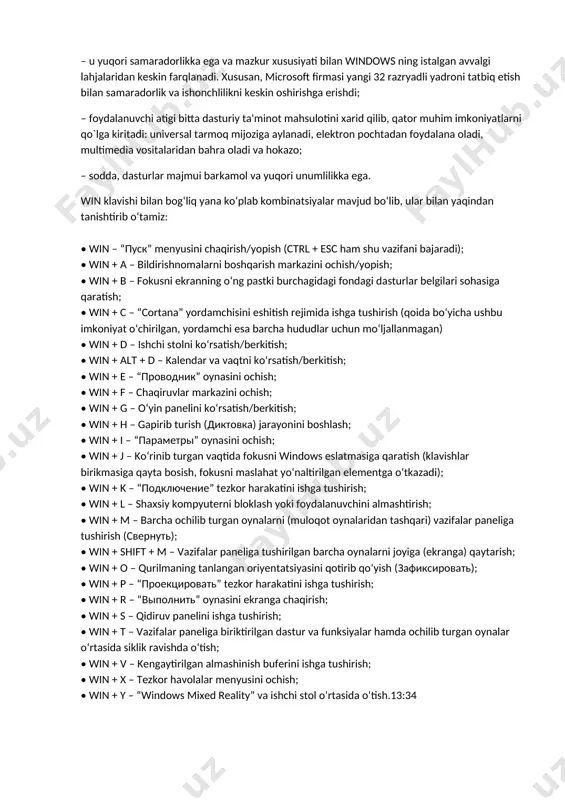 nti uchun 50 mb hajm vinchesterda bo’sh joy, 8 mb operativ xotira va protssesor eng kamida (ishlash taktik chastotasi 66 mgs) 486 bo’lishi lozim. windows 98 operatsion tizimini o’rnatish uchun eng kamida 16 mb operativ xotira, 120 mb dan 295 mb gacha qattiq diskda bo’sh joy bo’lishi lozim. agar windows ning imkoniyatlaridan foydalanmoqchi bo’lsangiz, pentium kompyuterlariga windows tizimini o’rnatganingiz ma’qul. ms windows 95 windowslarning yangi lahjasi emas, balki o`ta murakkab dasturlar majmui bo`lib, shu bilan, operatsion tizimdir. windows ning avvalgi lahjalari (masalan, windows 3.0, 3.1, 3.11, 3.12) asos sifatida ms dos ni qabul qilgan bo`lsa, windows 95 o`zi mustaqil bo`lib, kompyuterda boshqa bir operatsion tizimning bo`lishini talab qilmaydi. lekin shu bilan birga bu muhitda ms dos va windows ning eski lahjalari bilan ishlash imkoniyati saqlangan. bu qo`llanmada windows ning 9x lahjasi haqida gap borgani uchun lahja nomeri 9x ni tushirib qoldiramiz. windows mustaqil operatsion tizim sifatida quyidagi afzalliklarga ega: – …