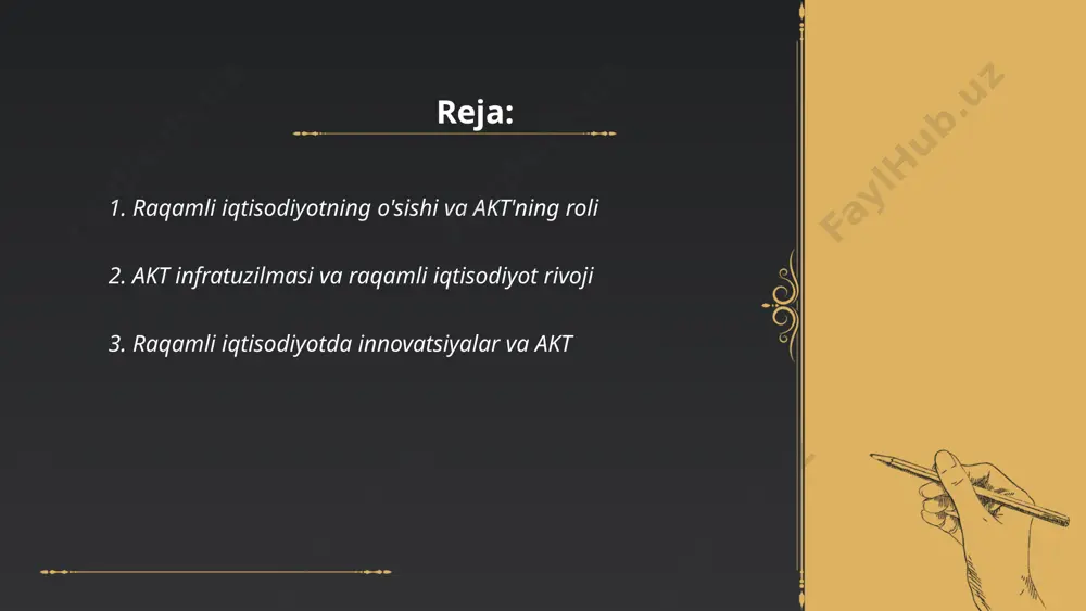 iyalari (akt) iqtisodiy o'sishni rag'batlantiradi. 2022-yilda global akt bozori hajmi 4,9 trillion dollarni tashkil etdi. innovatsiyalar sun'iy intellekt, bulutli hisoblash va internet of things (iot) sohalarini qamrab oladi. o'zbekiston raqamli iqtisodiyot strategiyasini ishlab chiqmoqda va 2030-yilga kelib uning ulushini mamlakat yalpi ichki mahsulotida 30 foizga yetkazishni maqsad qilmoqda. mamlakatda internetga ulanish darajasi 2023-yilda 70 foizga yetdi. 2021-yilda o'zbekistonda raqamli texnologiyalar sohasi uchun 10 mingdan ortiq mutaxassislar tayyorlandi. raqamli xizmatlar soliqlar va ma'muriy jarayonlarni optimallashtirishga ta'sir ko'rsatadi. ... t.me/slaydai_bot 4. elektron savdo va akt vositachiligi elektron savdo va akt vositachiligi o‘zbekistonda keyingi yillarda jadal rivojlanmoqda. 2022-yilda o‘zbekistonda elektron savdo hajmi 5 trillion so‘mga yetdi. kelgusi yillarda bu raqamlar yanada oshishi kutilmoqda, chunki internet foydalanuvchilari soni 20 milliondan oshib ketgan. davlat tomonidan kichik va o‘rta biznes uchun raqamli platformalardan foydalanish rag‘batlantirilmoqda. 2023-yilda 2 mingdan ortiq tadbirkor elektron tijorat sohasida faoliyat yuritmoqda. o‘zbekiston 2030-yilgacha akt sohasida ishlovchilar sonini uch marotabaga ko‘paytirishni maqsad qilgan. …