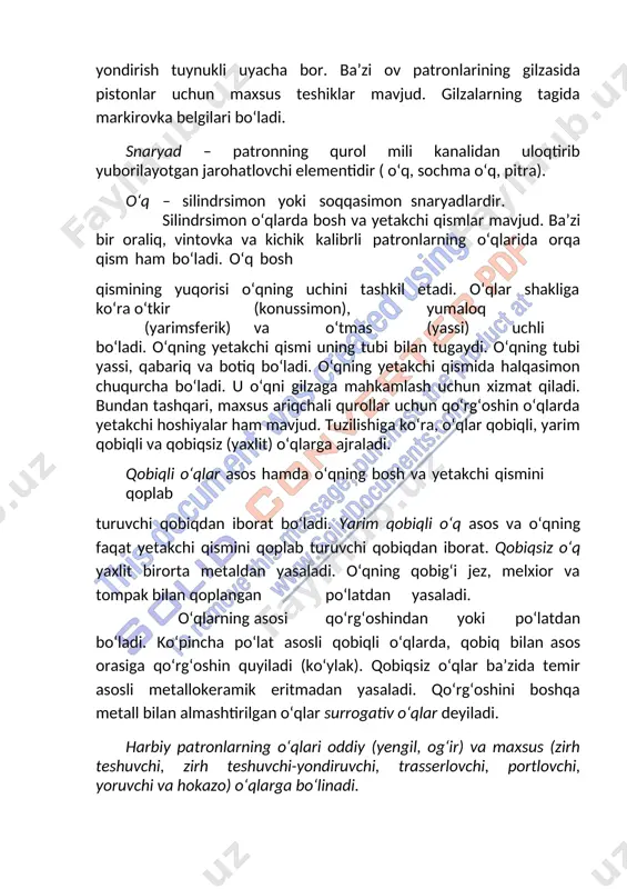hamda o‘qning bosh va yetakchi qismini qoplab turuvchi qobiqdan iborat bo‘ladi. yarim qobiqli o‘q asos va o‘qning faqat yetakchi qismini qoplab turuvchi qobiqdan iborat. qobiqsiz o‘q yaxlit birorta metaldan yasaladi. o‘qning qobig‘i jez, melxior va tompak bilan qoplangan po‘latdan yasaladi. o‘qlarning asosi qo‘rg‘oshindan yoki po‘latdan bo‘ladi. ko‘pincha po‘lat asosli qobiqli o‘qlarda, qobiq bilan asos orasiga qo‘rg‘oshin quyiladi (ko‘ylak). qobiqsiz o‘qlar ba’zida temir asosli metallokeramik eritmadan yasaladi. qo‘rg‘oshini boshqa metall bilan almashtirilgan o‘qlar surrogativ o‘qlar deyiladi. harbiy patronlarning o‘qlari oddiy (yengil, og‘ir) va maxsus (zirh teshuvchi, zirh teshuvchi-yondiruvchi, trasserlovchi, portlovchi, yoruvchi va hokazo) o‘qlarga bo‘linadi. maxsus o‘qlar masofali va urilganda ishlovchi turlarga ajraladi. masofali o‘qlar portlovchi mexanizmga ega va ular muayyan masofani uchib o‘tgandan keyin ishlaydi. urilganda ishlovchi o‘qlarning portlovchi mexanizmlari esa nishonga urilganda ishlab ketadi. yondiruvchi o‘qning tarkibi yonganda yuqori temperaturaga ega bo‘ladi, trasserlovchi o‘qda yorqin, yorug‘ iz qoldirib uchadi, portlovchi o‘qda esa portlaydi. masofali o‘qlarning maxsus tarkibiga oq fosfor …