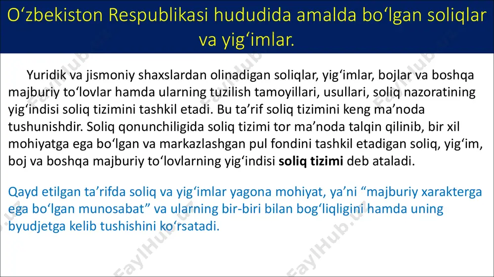 sodiy tuzilishiga qarab yoki boshqacha qilib aytganda undirib olish manbasiga qarab ikki guruhga to‘g‘ri va egri soliqlar guruhlariga bo‘linadi. soliqlarni belgilaydigan va ulardan tushgan mablag‘ni tasarruf etishiga, ya’ni byudjetga o‘tkazish nuqtayi nazaridan soliqlar umumdavlat va mahalliy soliqlarga bo‘linadi. shuningdek, soliqlar paydo bo‘lish manbaiga ko‘ra yuridik va jismoniy shaxslardan olinadigan soliqlarga bo‘linadi. soliqlarning qayd etilgan guruhlarga ajratib o‘rganishni alohida savol sifatida kengroq yoritishga harakat qilamiz. shu o‘rinda soliqlarni guruhlashning ayrim turlarini ko‘rib chiqamiz. soliqlarni obyekti va iqtisodiy mohiyati bo‘yicha guruhlash iqtisodiyotga ijobiy va salbiy ta’sir ko‘rsatishni o‘rganishning ilmiy va amaliy uslubidir. soliqlar soliqqa tortish obyektiga qarab uch guruhga bo‘linadi: 1. oborotdan olinadigan soliqlar. bunda soliqlar xo‘jalik yurituvchi subyektlarning bevosita oborotidan undiriladi, ularga qo‘shilgan qiymat solig‘i, aksiz solig‘i, jismoniy shaxslardan transport vositalariga benzin, dizel yoqilg‘isi va suyultirilgan gaz ishlatganlik uchun olinadigan soliq, bojxona bojlari, yig‘imlari va boshqalar kiradi. 2. mol-mulk qiymatlaridan olinadigan soliqlar. bunday soliqlar soliq to‘lovchi subyektlar tasarrufida mavjud bo‘lgan mol-mulkdan, …