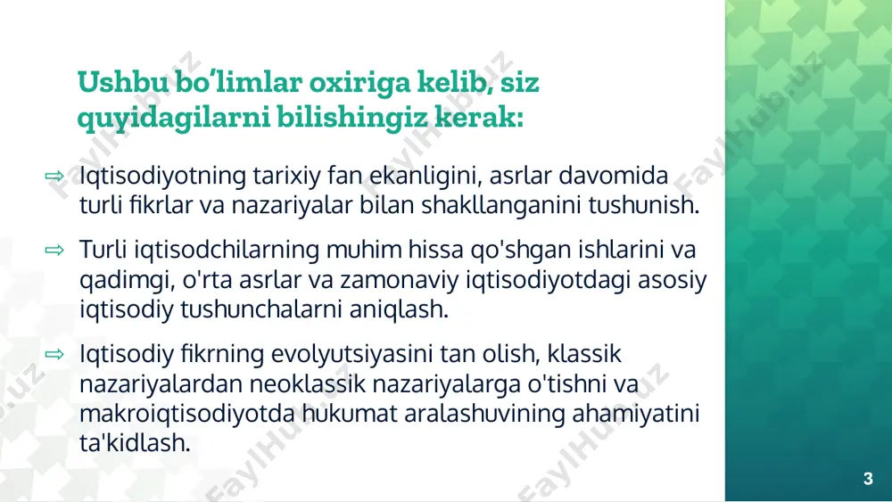 qtisodiy fikrlarning tarixiy davrlari 12 qadimiy davr vaqt davri: taxminan miloddan avvalgi 3000 yildan milodiy 500 yilgacha klassik davri vaqt davri: 18-asrning oxiri - 19-asrning o‘rtalari (taxminan 1776 dan 1870 gacha) zamonaviy davr vaqt davri: 19-asrning oxiri - hozirgi kungacha (taxminan 1870 dan hozirgacha) 13 14 eng qadimiy iqtisodiyotlarda qo'l mehnati va kasbchilik turlari cheklangan bo'lsa-da, ularning hayoti uchun muhim ahamiyatga ega edi. qo'l mehnati turlari: • dehqonchilik: odamlar oziq-ovqat ishlab chiqarish uchun qo'l mehnatiga asoslangan dehqonchilik bilan shug'ullanishgan. yerni o'z qo'llari bilan ishlashgan, don ekish, hosil yig'ish, hayvonlarni boqish va h.k. dehqonchilik usullari: o'roqlar, tursaklar, belkurak va h.k. kabi vositalardan foydalanishgan. sug'orish: daryo va manbalar suvlarini ishlatib, yerlarni sug'orish tizimlari yaratilgan. • ovchilik va yig'uvchilik: ov va o'simliklarni yig'ish ham muhim ishlab chiqarish shakllari bo'lgan. ov vositalari: nayzalar, kamon va o'qlar, tuzoqlar va h.k. yig'uvchilik: mevalar, rezavorlar, ildiz mevalari va boshqa o'simliklarni yig'ish. • baliqchilik: baliqchilik ham eng qadimiy …