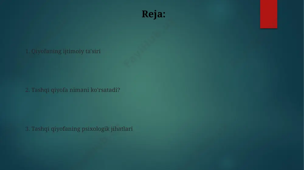 rlar va umumiy tashqi ko'rinish orqali namoyon bo'ladi; 3ta asosiy ijtimoiy sinfning har biri o'ziga xos estetik va moddiy imkoniyatlarga ega. soch turmagi va shaxsiyat tana tili va yuz ifodalari orqali insonning his-tuyg'ulari va kayfiyati haqida 55% ma'lumot olish mumkin, bu esa uning hozirgi holatini va shaxsiyatining ayrim jihatlarini ko'rsatadi. tashqi qiyofa insonning yoshi, jinsi va ijtimoiy-iqtisodiy holatini, taxminan 70% aniqlik bilan aks ettirishi mumkin, lekin bu faqatgina taxminiy ko'rsatkich hisoblanadi. tashqi qiyofa nimalarni ko'rsatadi? kiyim uslubi, aksessuarlar va soch turmagi orqali insonning ijtimoiy holati, madaniy kelib chiqishi va shaxsiy qadriyatlarini, ya'ni 5 ga yaqin xususiyatlarini aniqlash mumkin. tashqi qiyofa, 70% hollarda, birinchi taassurotni shakllantirishda hal qiluvchi omil bo'lib, potentsial sheriklar yoki ish beruvchilar tomonidan 3 soniyadan kam vaqt ichida baholanadi. kosmetika va o'ziga bo'lgan munosabat so'nggi 5 yil ichida tabiiy tarkibli kosmetika mahsulotlariga talab 30% oshdi, bu sog'lom turmush tarziga va atrof-muhitga ehtiyotkorlik bilan munosabatda bo'lish bilan bog'liq bo'lib, …
