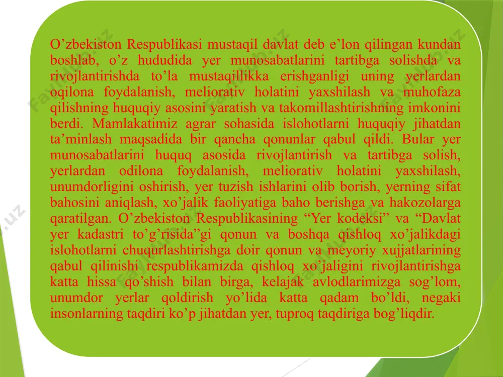 sug’oriladigan yer maydoni 4280 ming (1 yanvar 2002 yilgacha) gektarni tashkil qiladi. olimlar ta’kidlaganidek, mazkur sug’oriladigan maydonning 50% dan ortig’i sho’rlanishga qarshi ishlarni olib borishga muhtoj. birgina bu emas, o’zbekiston barcha sug’oriladigan tuproqlar melioratsiyasining u yoki bu turiga muxtoj. jumladan, ko’pgina sug’oriladigan yerlar relef sharoitining noqulayligi tufayli suv eroziyasiga uchragan, cho’l zonasida esa ko’pchilik maydonlarda shamol eroziyasi hukm suradi. buning ustiga bu zonada qurg’oqchilik tez–tez qaytarilib turadi. tuproqlar degumifikatsiya, zichlanish, ishqorlanish, sho’rtoblanish va boshqalarga qarshi meliorativ tadbirlarga muxtoj. tuproq melioratsiyasi fanining oldida quyidagi vazifalarni hal etish yotadi: biror xo’jalik yoki hududda tarqalgan tuproqlarning kelib chiqishi, tasnifi, tarqalishi, tabiiy sharoiti, tarkibi va xossalarining tuproq unumdorligini, meliorativ holatini, ta’sirini o’rganish. tuproqlar unumdorligini tiklash, saqlash va oshirish yo’llarini o’rganish va differentsial tavsiyalar ishlab chiqish. tuproqlardan oqilona foydalanish va muhofaza qilish. yuqoridagi agrotexnika asosida sug’orish, quritish melioratsiyasinitashkil qilish. melioratsiya qilinadigan yerlarda zamonaviy uslublar asosida qishloq xo’jalik me-xanizatsiyasidan yuqori darajadafoydalanish. suv resurslaridan to’la, ratsional va …