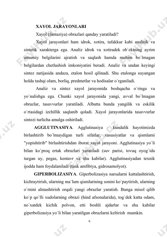 redmet va hodisalarni yaratishdan iborat bo`lgan psixik jarayon xayol deb ataladi. xayolni ko`pincha fantaziya deb ataydilar, xolbuki, ba’zan “fantaziya” degan so`z bilan haqiqiy hayotda kam aloqador bo`lgan tushunchadir. xayolning boyligi idrok qilish ko`nikmasiga, predmetlar va hodisalarning obrazlarini kuzatishi va xotirada saqlab qolishga bog`liq bo`lib, ular keyinchalik qayta ishlab chiqiladi. bu jarayonda tafakkur muhim rol’ o`ynaydi. tafakkur fantaziya natijalariga tuzatish kiritadi. uni tanqidiy baholaydi. his tuyg`ular ham xayolga ta’sir ko`rsatadi, ular ko`p jihatdan xayolga bog`liq bo`ladi. nihoyat, kishining xayoli bilan yaratilgan ijodiy niyatlarini amalga oshirish uchun iroda zarur bo`ladi. 2. xayolning nerv fiziologik asoslari inson ongida yotgan ilgari mavjud bo`lgan bog`liqliklarni vaqt bog`liqliklari asosida qayta ishlash va yangi birikmalarini yaratishdir. hayot timsollarining paydo bo`lishi kishi miyasi faoliyatining natijasidir. xayol boshqa hamma psixik jarayonlar kabi katta yarim sharlar po`stloq qismining funktsiyasi hisoblanadi. xayol qiladigan kishida miya hujayralari yangicha bog`lanadi. xayolning fiziologik mexanizmi faqat miya po`stlog`i bilan emas balki, miyaning chuqurroq qismlari bilan …