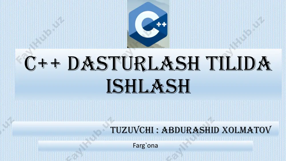 , y haqiqiy tipli qiymatni e’lon qilish, cin>>a>>b; a, b butun tipli o’zgaruvchilarni qiymatlarini kiritish. cin>>y; y haqiqiy tipli ozgaruvchini qimatini kiritish. chiqarish operatori umumiy ko`rinishi : cout >a>>b>>c; 12 s=a+b+c; 18 cout 2. … 3. using namespace std; 4. int main() 5. { 6. 7. return 0; 8. } 1. kiritish va chiqarish oqimini boshqarish 2. foydalaniladigan kutubxonalar 3. standart nomlar fazosidan foydalanish. 4. funksiya indeksi. 5. dastur boshlanishi 6. dastur matni yoziladi 7. takrorlanish 0 ga teng 8. dastur tugashi. e`tiboringiz uchun rahmat !