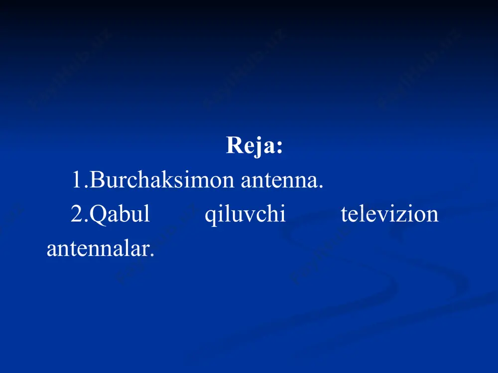 gi oshadi. shuning uchun, televizion uzatuvchi antennalar yuqori darajada mexanik va elektr mustahkamlikka ega bo‘lishi kerak, shu bilan birga telemarkaz xizmat ko‘rsatayotgan hududning barcha nuqtalarida maydon kuchlanganligi deyarli bir xil bo‘lishi kerak. * qabul qiluvchi televizion antennalar. qabul qiluvchi televizion antennalar uzatuvchi antennalar kabi, talab etilgan chastota polosasida ta’minot liniyasi bilan yaxshi moslashgan bo‘lishi kerak. televizion signallar ma’lum yo‘nalishdan kelganligi sababli, qabul qiluvchi antenna gorizontal va vertikal tekisliklarda yo‘nalganlik xossalariga ega bo‘lishi kerak. bunda yo‘nalganlik diagrammasi uzatuvchi telemarkaz tomonga yo‘nalgan bo‘lishi kerak. qabul qiluvchi antenna tipini tanlash televizion qabul qilgich sezgirligi va uzatkich quvvatiga, uzatuvchi markaz va qabul qilish nuqtasi orasidagi masofaga bog‘liq. telemarkazdan yaqin masofalarda simmetrik tebratgich ko‘rinishidagi antennalardan foydalanish mumkin. * fig. 1-4, p. 5 televideniening jamoviy qabul sxemasi * figure 1.4: measurements of co2 in parts per million (ppm) at mauna loa observatory, hawaii. higher readings occur in winter when plants die and release co2 to the …
