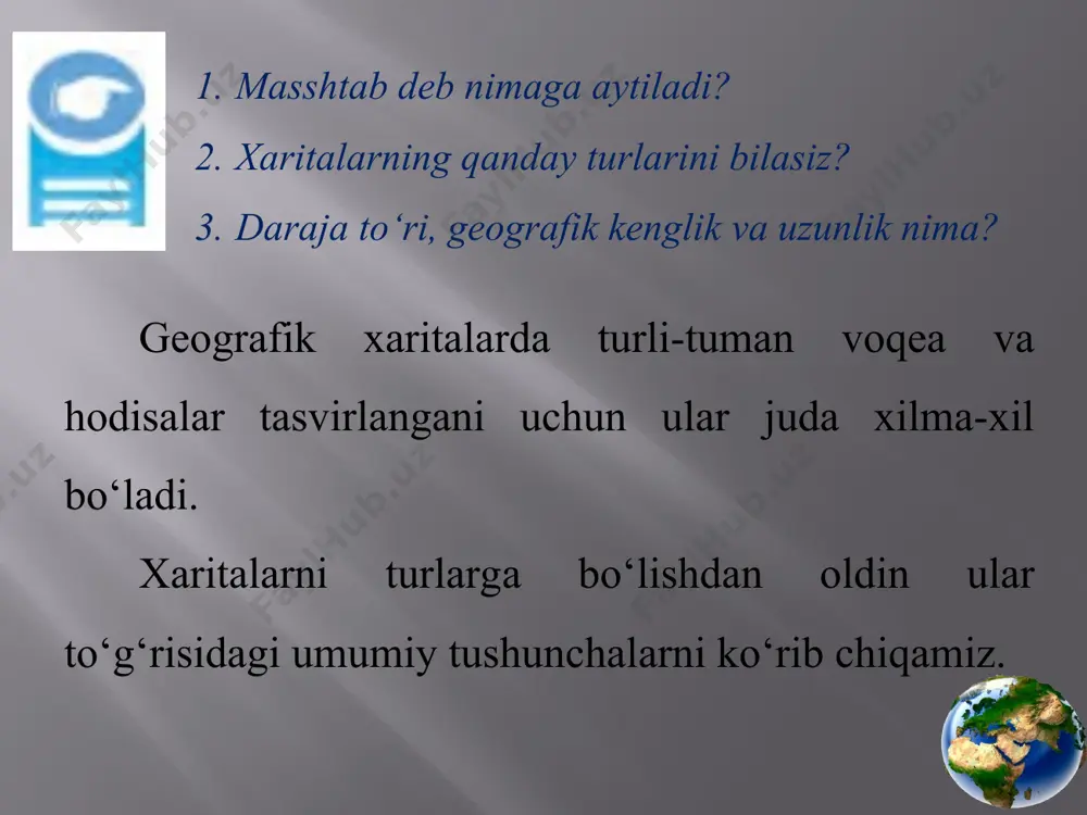 plagan yerlar maydonini bilish mumkin. masshtabsiz shartli belgilar bilan xaritalarning masshtabida ko‘rsatib bo‘lmaydigan voqea va hodisalar tasvirlanadi. masalan, turli xil shakllar, chizmalar, harfli belgilar, aholi yashaydigan joylar, geslar, foydali qazilma konlari belgilari masshtabsiz bo‘ladi. chiziqli shartli belgilar bilan daryolar, yo‘llar, chegaralar ko‘rsatiladi. tushuntirish belgilari bilan daryo oqimining yo‘nalishi, o‘rmondagi daraxtlarning turlari ko‘rsatiladi. bulardan tashqari yozuvli, harfli, sonli shartli belgilar ham mavjud bo‘ladi (6 — 7- rasmlar).