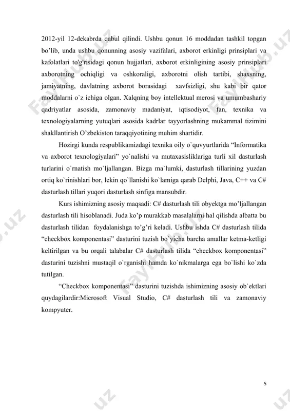 r, dastur tuzuvchi, foydalanilgan instrumentlarga bogʻliq boʻladi, lekin taxminan 5000 satr kodlari nazarda tutilayapti) s dasturlarini tushunish va kuzatib borishda qiyinchiliklar yuzaga keladi.c# dasturlash tilida, c++ dagidek 8 razryadli kodlash tizimidan emas, unicode deb ataluvchi 16 razryadli kodlash tizimidan foydalaniladi.c# leksik jihatdan kengaytirilgan, imperativ, deklarativ, funksional, umumiy, ob`ektga yo`naltirilgann (sinfga asoslangan) va kompanentlarga yo`naltirilgan dasturlash fanlarni o`z ichiga olgan,umumiy maqsadli, dasturlash tili. u 1998-2001-yilda microsoft kompaniyasi dasturchilari anderson xeylsberg va skot.v lar tomonidan .nettashabbusi doirasida ishlab chiqilganva keyinchalik ecma (ecma-334) va iso (iso/ies23270:2018) tomonidan xalqaro standart sifatida tasdiqlangan.hozirgi kunda c# dasturlash tili yuqori bosqichli dasturlash tillari ichida eng samarali dasturlash tillaridan hisoblanadi. c# dasturlash tilida dastur tuzish uchun visual studio .net muhitidan foydalanamiz. c# dasturlash tili obektga mo’ljallangan dasturlash tili hisoblanadi. visual studio.net sistemasida dasturni kompilyatsiya qilish va bajarishning bir necha usuli bor. ko’p hollarda dasturchilar dasturni alohida kompilyatsiya qilib bir nechta klavishalar kombinatsiyalari orqali ishlatishga o’rganishgan. c# dasturining ishchi …