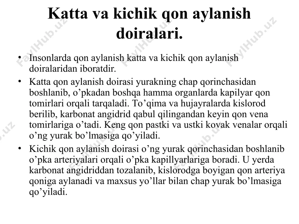 elib chiqsa, diastolik ton yarim oysimon klapanlarning yopilishi natijasida yuzaga keladi. agar yurak tonlarida biror kamchilik bo’lsa, tiniq tovush o’rniga shovqin eshitiladi. yurakning sistolik va minutlik hajmi yurakning sistolik hajmi deb, u bir qisqarganida qon tomirlariga surib chiqarilgan qon miqdorga aytiladi. u odamlarda tinch turgan paytda 60-80 mm3 ga teng. yurak sistolik hajmining 1 minutdagi yurak o’rishlar soniga ko’paytirsak, uning minutlik hajmi kelib chiqadi, u o’rtacha 4,5-5 litr ga teng. jismoniy ish vaqtida yurak minutlik hajmi bir necha marta oshib ketadi. masalan yengil ish bajarishda yurak minutlik xajmi 10-15 litrga yetadi. sport bilan shug’ullanuvchi odamlar kuchli jismoniy ish bajarganlarida ularning yuragi minutiga 30-35 litrgacha qon haydab chiqarishi mumkin. yurakning minutlik hajmini aniqlashda fik metodi eng qo’lay metod bo’lib, u sarflangan kislorod va arterio -vena farqini aniqlashga asoslangan. minutiga 72 marta urib turgan yurakdan chiqqan qonning yana qaytib yurakka qo’yilishi uchun 23 sekund vaqt sarf bo’ladi. shu vaqt 1/5 qismi kichik …