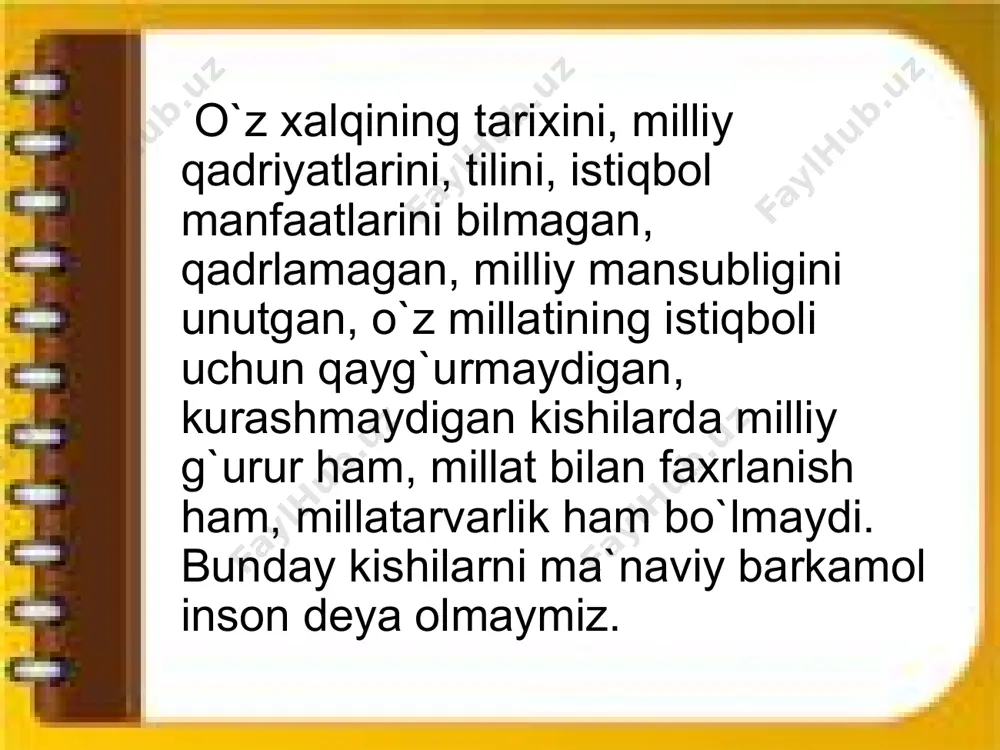 ng uchun har qaysi ota-ona, ustoz va murabbiy har bir bola timsolida avvalo buyuk kelajakni yaratuvchi shaxsni kо‘rishi zarur. mustaqillik ruhida yangicha fikrlaydigan fozil, komil inson, eng avvalo, fuqarolik burchini a’lo darajada his etadigan shaxs bо‘lishi darkor. sodda qilib aytganda, har qaysi komil inson, har birimiz: “shu davlat, shu jamiyat menga nima berdi?” deb emas, balki “men о‘zim vatanimga, elu yurtimga nima berdim?” deb о‘ylashimiz va har dam shu aqida bilan yashashimiz kerak. e’tiboringiz uchun rahmat! image1.jpeg image2.jpeg image3.jpeg image4.jpeg image5.jpeg image6.jpeg image7.jpeg image8.jpeg image9.jpeg /docprops/thumbnail.jpeg