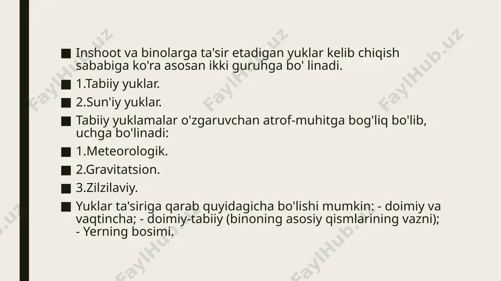 an to oxirgi qiymatiga qadar bir varakayiga qo‘yiladigan kuchlar sistemasi kiradi. takroriy o‘zgaruvchan yuklar inshooga ta’sir esayotgan kuchlar sistemasining bir tashkiliy qismidirki, bu qism sistemadagi boshqa kuchlarga bog‘lanmagan holda o‘zining miqdor va yo‘nalishini o‘zgartira oladi. masalan shamol inshootga boshqa kuchlardan mustasno ravishda istalgan yo‘nalishda va qiymatda ta’sir eta oladi. inshootga ta’sir etadigan har qanday transport vositalari harakatlanuvchi yuklarga misol bo‘la oladi. jism sirtiga ta’sir etuvchi yuklardan tashqari uning hajmi bo‘ylab ta’sir etuvchi kuchlar ham bo‘ladi. jismning xususiy og‘irligi, inersiya va magnetizm kuchlari ana shular jumlasidandir. hisob jarayonida ular ham jism hajmining ma’lum nuqtasiga to‘planadi. ko‘rib o‘tilgan tashqi yuklardan tashqari inshootlarga ta’sir etadigan boshqa ta’sirlar ham mavjud. masalan, harorat o‘zgarganda element deformatsiyalanadi, demak unda qo‘shimcha ichki kuchlar paydo bo‘ladi. inshootlar uchun zilzila kuchlari ta’siri ham xatarlidir. bino va inshootlarni bunday kuchlar ta’siriga hisoblaydigan alohida usullar bor. ba’zi inshootlar yong‘in (olov) ta’siriga ham hisoblanadi. buning sababi shundaki, ba’zi konstruksiyalarning materiali yuqori harorat …