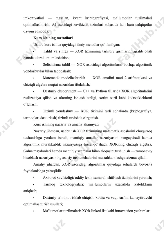 mlar quyidagi sohalarda bevosita foydalanishga yaroqlidir: · axborot xavfsizligi: oddiy lekin samarali shifrlash tizimlarini yaratish; · tarmoq texnologiyalari: ma’lumotlarni uzatishda xatoliklarni aniqlash; · dasturiy ta’minot ishlab chiqish: xotira va vaqt sarfini kamaytiruvchi optimallashtirish usullari; · ma’lumotlar tuzilmalari: xor linked list kabi innovatsion yechimlar; · o‘qitish jarayoni: dasturlash va kriptografiya fanlarini o‘qitishda soddalik va tushunarli misollar sifatida foydalanish. i. bob. xor tizimi va uning algebratik asoslari 1.1. xor amali va uning mantiqiy xususiyatlari xor (eksklyuziv yoki — exclusive or) — bu mantiqiy amal bo‘lib, zamonaviy raqamli elektronika, kriptografiya, ma’lumotlarni qayta ishlash, xatoliklarni aniqlash va tuzatish, shuningdek, algoritmik masalalarni hal qilishda keng qo‘llaniladi. xor amali ikkita mantiqiy qiymat ustida bajariladi va natija faqat shu qiymatlardan biri rost (1), ikkinchisi yolg‘on (0) bo‘lganda rost (1) bo‘ladi. agar ikkala qiymat ham bir xil bo‘lsa (ya’ni ikkalasi ham 0 yoki ikkalasi ham 1 bo‘lsa), natija yolg‘on (0) bo‘ladi. xor amali odatda “⊕” belgisi bilan ifodalanadi. …