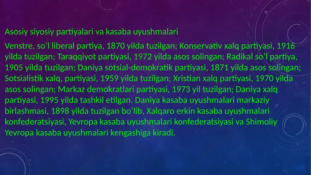 elosiped bor va u bo'sh vaqtini sport zalida o'tkazadi. hukumat, daniya aholisining har birining dunyoda sodir bo'lgan voqealardan xabardorligini ta'minlaydi, shuning uchun 300 mingdan ziyod aholisi bo'lgan shaharlardagi jamoat transporti to'xtash joylari yangi gazetalar bilan maxsus qutilarga ega. . foydalanilgan adabiyotlar: -vikipediya -kuljonov_statistika asoslari -xusinov_jumanazarov_kuljonov statistika -www.ziyo.net -www.ziyo.uz e’tiboringiz uchun raxmat image2.png image4.png image3.png image5.jpg image6.jpg image7.jpg image8.jpg image9.jpg /docprops/thumbnail.jpeg