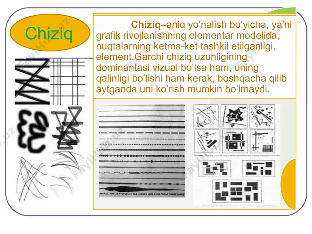 adi. xromatik (kizil, sariq, koʻk va h. k.) ranglar kiradi. xromatik ranglar oʻz navbatida issiq(qizil, sariq, zarg’aldoq va sovuq (koʻk, moviy, binafsha), shuningdek, har ikkisiga kiruvchi (binafsha, yashil) rang larga ajratiladi. rang tasvirda issiq va sovuq rang larning oʻzaro uygʻunligi asarning rang tizimi — koloritni tashkil qiladi, shuningdek, asar kompozitsiyasini tashkil etuvchi unsur va vosita hisoblanadi. iliq rang yaqinlik, sovuq rang uzoqlik tuygʻusini berishi asarda masofani kursatish (ayniqsa, manzara janri)da qo’l keladi. axromatik va xramatik ranglar axromatik va xramatik ranglar xramatik axromatik issiq va sovuq ranglar issiq ranglar sovuq ranglar e’tiboringiz uchun raxmat ! image5.png image6.jpeg image7.jpeg image8.jpeg image9.jpeg image10.png image11.jpeg image12.jpeg image13.jpeg image14.png image15.jpeg image16.jpeg image17.png image18.jpeg image19.jpeg image20.jpeg image21.jpeg image22.jpeg image23.jpeg image24.jpeg image25.png image26.jpeg image27.jpeg image28.jpeg image29.wmf image30.jpeg image3.jpeg