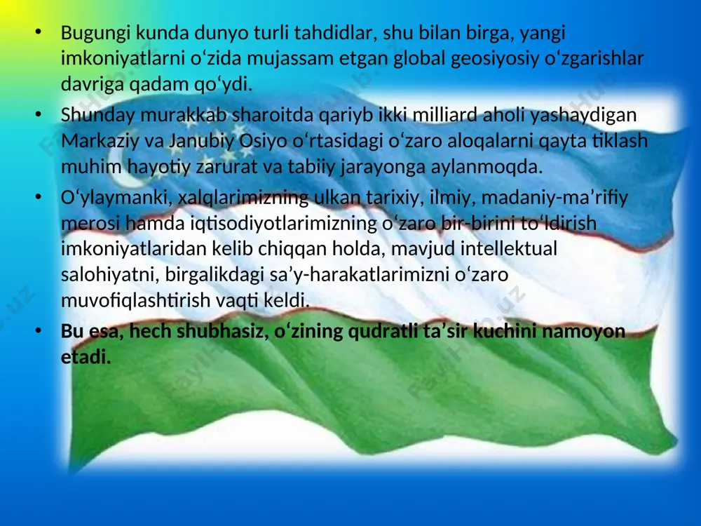 arimizni xitoy va osiyo-tinch okeani mintaqasining boshqa yetakchi davlatlari bilan bog‘lashi mumkin. bu esa “bir makon, bir yo‘l” tashabbusi maqsadlari bilan ham uyg‘undir. ma’ruza doirasida kiritilgan takliflari bunday tahdidlarni bartaraf etish bo‘yicha dastur ishlab chiqish uchun bmtning oziq-ovqat va qishloq xo‘jaligi tashkiloti (fao) shafeligida mamlakatlarimiz qishloq xo‘jaligi vazirlarining uchrashuvini o‘tkazishni taklif etamiz. bu muloqotni joriy yil noyabr oyida bmtning markaziy osiyoda global terrorizmga qarshi strategiyasini amalga oshirish bo‘yicha qo‘shma harakatlar rejasi qabul qilinganining o‘n yilligiga bag‘ishlab toshkentda o‘tkaziladigan xalqaro konferensiya doirasida uyushtirish ham mumkin. shu munosabat bilan, o‘zbekistonda, termiz shahrida yunesko shafeligida “markaziy va janubiy osiyoning tarixiy merosi” mavzusida xalqaro forum o‘tkazishni taklif etamiz. yoshlar masalasida samarali hamkorlikni yo‘lga qo‘yish maqsadida doimiy faoliyat yuritadigan markaziy va janubiy osiyo mamlakatlari yoshlari kengashini tuzishni taklif qilaman. sh.m.mirziyoyevning ott ilmiy izlanuvchi va yosh olimlar faoliyatini olib borishidagi takliflari shu munosabat bilan markaziy va janubiy osiyo mamlakatlarining olim va tadqiqotchilari uchun soddalashtirilgan viza tartibini …