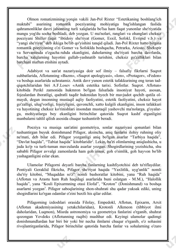ligidan xafa bo'lganini tasvirlaydi. ammo ezop masalida go'zallik agar erkin yashashga yordam bermasa, u keraksiz degan g'oyani ilgari suradi. ezopning bu estetik bahosi hozirgi ba'zi olimlar o'ylaganidek, go'zallikka hissiy yondashuv emas, balki sog'lom aql bilan, ayni vaqtda hayotparvarlik ruhida yondoshuvidir. kiyik, ohu hayotidan ayrilmasligi uchun unga go'zal shoxlar emas, balki baquvvat oyoqlar muhimroqdir. boshqa bir masalida ezop go'zallikka boshqacha estetik baho beradi. ya'ni, u tabiiy go'zalliklarning boqiyligini maqtab, sun'iy go'zal bo'lib olganlarning aslida xunuk ekanligini fosh etadi. gomer dostonlarini yozib olib, kitobat holiga keltirish yunonistonda er.a. vi asrda va undan avvalroq davlat tomonidan yo'lga qo'yilgan. er. a. iv asrda donishmand arastu shogirdi, makedoniyalik iskandar (aleksandr)ga “iliada”ning qimmatbaho kichik suvenir nashrini sovg'a qilgan. arrian va boshqalarning yozishicha, aleksandr qizg'in jang vaqtlarida ham “iliada”ni o'zi bilan olib yurgan va o'qigan. “iliada”dostonida bahodirlik, jasurlik, qahramonlik, shon–shuhrat, adolat va noxaqlik, sevgi va nafrat, or-nomus, go'zallik va xunuklik, ulug'vorlik va tubanlik, urush va tinchlik, vatan …