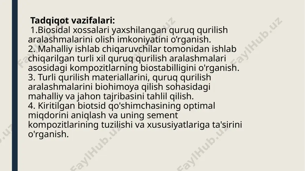 rning sement bog'lovchilari bilan quruq qurilish aralashmalarining biologik chidamliligi va fizik-mexanik xususiyatlariga ta'siri ko'rib chiqildi. natriy sulfatning afzalligi aniqlandi, uning miqdori umumiy massaga bo'yicha 3-5 qismni tashkil etdi. portland sementining har 100 og'irlik qism bo'yicha kompozitsiyalarga fungitsid xususiyatlarini berishga yordam beradi. 3. fizikaviy-mexanik, fizik-kimyoviy va biologik sinov usullaridan foydalangan holda, kimyoviy va biologik muhitda yaxshilangan elastik-mustahkamlik xususiyatlariga ega quruq qurilish aralashmalarini ishlab chiqarishni ta'minlash uchun biotsid qo'shimchasining optimal konsentratsiyasi o'rganildi. 4. quruq qurilish aralashmalarining kompozitsiyalari optimallashtirildi, ya’ni ular tarkibiga bir vaqtning o'zida biotsid qo'shimchani va har xil turdagi modifikatorlarni: tolalar, qayta disperslangan kukun, sirt faol moddalar, shuningdek, har xil granulometrik tarkibdagi kvarts kukuni ​​hamda asbestning dispers qo'shimchalarini kiritish mumkinligi o’rganildi. etiboringiz uchun tashakkur image1.png image2.png image3.png