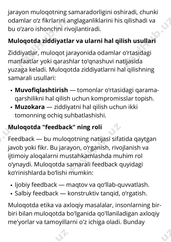k to‘siqlar, odamlar o‘rtasidagi samarali aloqani to‘xtatadigan yoki qiyinlashtiradigan ichki yoki tashqi omillardir. bular, odamlarning his- tuyg‘ulari, qarashlari, xotiralari yoki tajribalari bilan bog‘liq bo‘lishi mumkin. psixologik to‘siqlar muloqotda xato tushunilishlarga, qarama-qarshiliklarga va noqulayliklarga olib kelishi mumkin. quyida muloqotdagi asosiy psixologik to‘siqlar haqida batafsil ma'lumot berilgan: 1. qoronganlik yoki noaniqlik ba'zan, odamlar o‘z fikrlarini to‘liq ifodalashda yoki boshqalarining fikrlarini tushunishda qiyinchiliklarga duch kelishadi. bu, ma'lum bir mavzu yoki shaxsga oid noaniqlik yoki qorong‘u fikrlar natijasida yuzaga keladi. noaniqlik, boshqalarning so‘zlarini noto‘g‘ri tushunishga yoki noto‘g‘ri xulosalar chiqarishga olib kelishi mumkin. 2. kuzatuv yoki tanqid qilish qo‘rquvi insonlar, boshqalar tomonidan tanqid qilinishdan yoki xato qilishdan qo‘rqishlari mumkin. bu, o‘zini himoya qilish istagi, shuningdek, o‘z fikrlarini yoki his- tuyg‘ularini erkin va samimiy tarzda ifodalashni qiyinlashtiradi. shaxslar o‘zlarini noto‘g‘ri baholanib qolishdan qo‘rqishlari sababli, muloqotdan o‘rin olishdan yoki cheklanishdan tiyilishlari mumkin. 3. tajribalar va stereotiplar odamlar, o‘z tajribalari yoki stereotiplari asosida boshqalarga qarshi noto‘g‘ri fikrlar shakllantirishi …