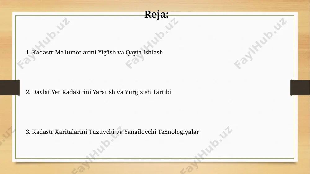 'lumotlar bazasini shakillantirish va boshqarish yer kadastri ma'lumotlar bazasini shakllantirishda 1:5000 masshtabdagi topografik xaritalardan va 3d modellashtirish texnologiyalaridan foydalanish aniqlikni oshiradi va xarajatlarni kamaytiradi. ma'lumotlar bazasini boshqarishda geoma'lumotlar tizimlari (gis) va ma'lumotlar bazasi boshqaruv tizimlari (dbms) integratsiyasi 100 000 dan ortiq obyektlarni samarali qayta ishlash imkonini beradi. davlat yer kadastri tizimini rivojlantirish istiqbollari davlat yer kadastri tizimini 2025 yilgacha toʻliq raqamlashtirish va geodezik maʼlumotlar bazasini 3d modellashtirish orqali aniqlikni oshirish rejalashtirilgan. kadastr maʼlumotlarining ochiq maʼlumotlar portallarida mavjudligi orqali foydalanuvchilar sonini 2030 yilga kelib 50% ga oshirish va korrupsiyani kamaytirishga qaratilgan. kadastr ma'lumotlarining himoyasi va xavfsizligi kadastr ma'lumotlar bazasining himoyasi uchun kamida 3 darajali kirish huquqi nazorati tizimi, foydalanuvchilarning harakatlarini kuzatish va xatoliklarni aniqlash mexanizmlari bilan ta'minlanishi kerak. geodezik ma'lumotlarning aniqligi va butunligini ta'minlash uchun kamida 5 yilda bir marta kadastr ma'lumotlarini yangilash va geodezik tekshiruvlar o'tkazish zarur. kadastr xaritalarini tuzuvchi dasturiy ta'minot kadastr xaritalarini tuzuvchi dasturiy ta'minot, yer uchastkalarining 3d …