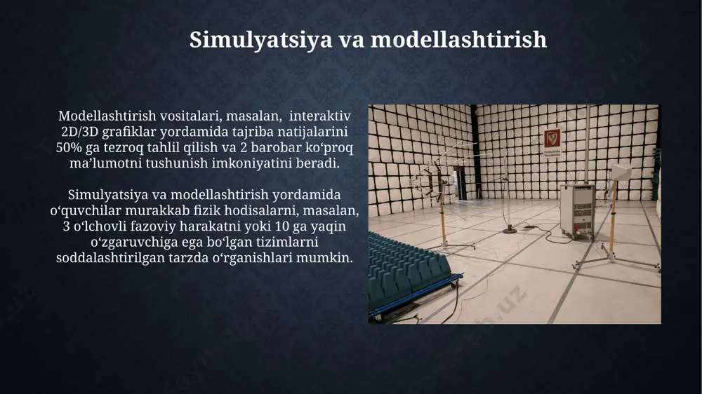 i bir vaqtning o'zida o'tkazishga yordam beradi. kelajakda, aralash reallik (ar) va virtual reallik (vr) texnologiyalari yordamida 3d modellashtirish orqali murakkab fizik jarayonlarni 10 baravar samaraliroq o'rganish imkoniyati paydo bo'ladi. 3d vizualizatsiya 3d визуализация тажриба натижаларини 10 баравар тезроқ ва самаралироқ таҳлил қилиш имконини беради, бу эса ўқувчиларга физикавий жараёнларни чуқурроқ тушунишга ёрдам беради. интерактив 3d симуляциялар орқали ўқувчилар 20 дан ортиқ турли физик тажрибаларни виртуал муҳитда амалга ошириб, эксперимент параметрларини ўзгартириш ва натижаларни кузатиш имконига эга бўладилар. samaradorlikni oshirish interaktiv simulyatsiyalar va 3d modellardan foydalanish talabalarning tushunchasini 15% ga oshirib, murakkab fizik jarayonlarni osonroq tushunishga yordam beradi. onlayn resurslar va video darsliklar yordamida mustaqil o'rganish imkoniyati talabalarning o'zlashtirish koeffitsiyentini 10% ga oshiradi va vaqtni tejaydi. e'tiboringiz uchun rahmat @taqdimot_robot image2.jpg image3.jpg image4.jpg image5.jpg image6.jpg image7.jpg image8.jpg image9.jpg image10.jpg image11.jpg image12.jpg image13.jpg