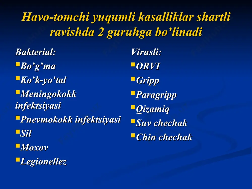 minokislotalar. 2. mg, zn, ci, temir tuzlari. 3. uglevodlar. tellurit kaliyli qandli agarda 4 ta biovarga boʼlinadi: 1.gravis kulrang, qora-r-koloniya. 2.mitis-qora chetlari tekis-s-koloniya. 3.intermedius-mayda qora- r va s koloniya. 4.belfanti-mitisga oʼxshash koloniya hosil qiladi. farqlari 1. gravis- kraxmal kislota hosil qilib dekstrin parchalaydi glikogenlarni odam uchun patogen 2. mitis- а) parchalamaydi. б)patogenligi kam. 3.intermedius - а) parchalamaydi. б) patogenligi kam bioximik xususiyati korinebakteriyalar zaxar hosil qilishi difteriya tayoqchasi + goffman tayoqchasi difteroidlar sisteinni parchalab h2s hosil qilishi glukoza saxaroza kraxmal mochevinani parchalashi + + + + + + + + fermentativ xususiyati аntigenlari 1. k-antigen a) oqsil. b) mikrokapsulada joylashgan. v)10 ta serovar. boʼlinadi. g) termolabil. 2. o-antigen a)polisaxarid. b)xujayra devorida. v)termostabil. аntigenlari: pgаr reaktsiyalarda аr aniqlanadi. tabiatda tarqalishi manbasi: 1. kasal odam. 2. bakteriya tashuvchi. 3. rekonvalestsent-20-90 kungacha ajratadi. saqlanishi: 1. suvda, sutda-6-20 kun. 2. tuproq, changda-5 oygacha. 3. oʼlikda-15 kun. sezuvchanligi 5% karbol kislota-1 daqiqada, 1% fenol-10 daqiqada …