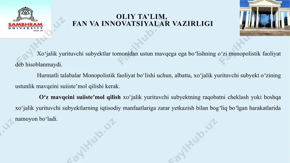 beradigan harakatlari tushuniladi oliy ta’lim, fan va innovatsiyalar vazirligi 9 ustun mavqe o‘rnini bosuvchisi bo‘lmagan tovar bozorida yoki bir-birining o‘rnini bosadigan tovarlar bozorida xo‘jalik yurituvchi subyektning o‘ziga raqobatni cheklashga hal qiluvchi ta’sir ko‘rsatish, boshqa xo‘jalik yurituvchi subyektlarning bozorga kirish erkinligini qiyinlashtirish yoki ularning iqtisodiy faoliyat erkinligini boshqacha tarzda cheklash imkoniyatini beradigan hukmron mavqe. bozordagi ulushi oltmish besh va undan ortiq foizni tashkil etadigan xo‘jalik yurituvchi subyektning mavqeyi ustun mavqe deb e’tirof etiladi. oliy ta’lim, fan va innovatsiyalar vazirligi 10 monopolistik faoliyat xo‘jalik yurituvchi subyektlarning, davlat boshqaruvi organlari va mahalliy davlat hokimiyati organlarining monopoliyaga qarshi kurash haqidagi qonun hujjatlariga xilof bo‘lgan, raqobatga yo‘l qo‘ymaslikka, uni cheklash yoki bartaraf etishga qaratilgan harakatlari yoki harakatsizligi tushuniladi 11 mutlaq monopoliya xo‘jalik yurituvchi subyekt tovar bozorida yagona sotuvchi yoki xaridor bo‘lgan vaziyat tushuniladi oliy ta’lim, fan va innovatsiyalar vazirligi 12 monopol qimmqt nqrx tovar bozorida ustun mavqega ega bo‘lgan xo‘jalik yurituvchi subyektning ishlab chiqarish quvvatlaridan …