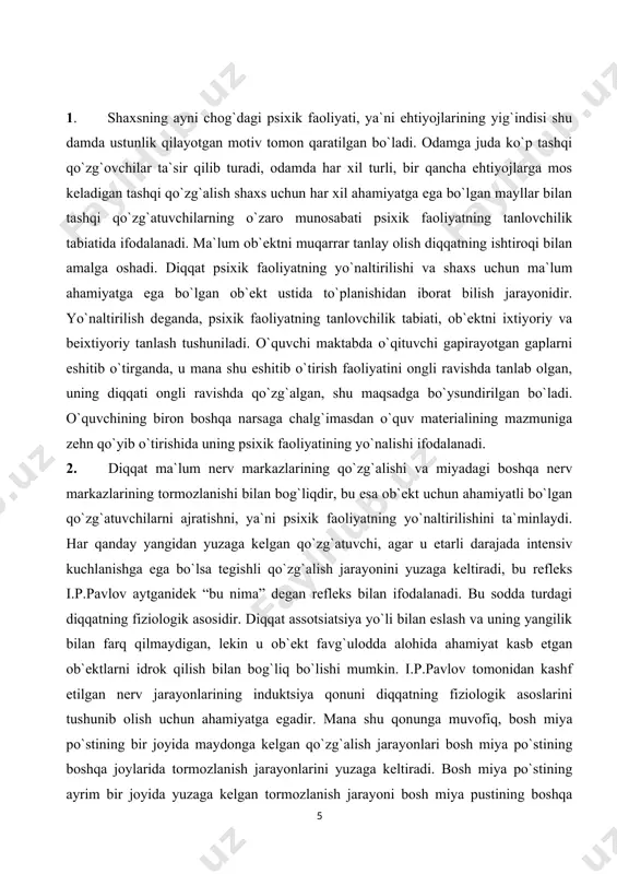erilib ketadi. masalan: biror ishni bajarayotgan odam radioda yoqimli kuy yoki ashulani eshitib qolsa yoki e`lonni eshitsa u beixtiyoriy qilayotgan ishini tashlab radioga quloq soladi. biroq biz ko`zlagan maqsad va qabul qilingan qaror tufayli ma`lum bir ishni bajarish lozimligini bilar ekanmiz, bunday holda diqqatning yo`nalishi va to`planishi ixtiyoriy tabiatga ega bo`lishi mumkin. biz bunday paytda diqqatimizni bajarayotgan ishimizga qaratishni maqsad qilib qo`yamiz. masalan: maktab o`quvchisi berilgan topshiriqni ongli ravishda bajarishini ixtiyoriy tabiatga ega deb bilamiz. ba`zan esa tamoman boshqa bir narsa jalb qiladi? bu o`rinda biz odatda diqqatni jalb qilish xususida bir - biri bilan zich bog`lanib ketgan murakkab sabablarga egamiz. bu sabablarni tahlil qilish maqsadida biz ularni shartli suratda turli toifalarga bo`lamiz. bunda qo`zg`atuvchining absolyut kuchidan ko`ra, nisbiy kuchi muhimroq rol o`ynaydi. qo`zg`atuvchining to`xtatib ta`sir qilishi muhim ahamiyatga egadir. bizga doim ta`sir qilib turuvchi yorug`likka qaraganda ma`lum vaqt oralig`ida yonib - uchib turuvchi yorug`lik diqqatimizni o`ziga tezroq jalb qiladi. …