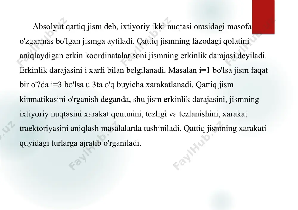 tashtiruvchi chiziq o'z-o'ziga paralel xarakat qilsa bunday xarakat qattiq jismning ilgarilanma xarakati deyiladi. masalan, tsilindr ichidagi porshen xarakati, tikish mashinasidagi ignaning xarakati va boshqa mashina va mexanizmlarning xarakati ilgarilanma xarakatga misol bo'ladi. ilgarilanma xarakat qilayotgan jismning istalgan nuqtasining tezligi,tezlanishi va traektoriyasi quyidagi teoremaga asosan topiladi. teorema: ilgarilanma xarakat qilayotgan qattiq jismning barcha nuqtalari bir xil traektoriyalar chizadi (bir-biriga parlel) va xar onda jism nuqtalarining tezlik va tezlanish vektorlari bir biriga teng bo'ladi. teoremani isbotlash uchun jismning ixtiyoriy a va v nuqtalarini tanlab olamiz. bu nuqtalar orasidagi ab masofa qattiq jism ta'rifiga asosan o'zgarmasdir. ikkinchi tomondan ab miqdorni va vektori orqali quyidagicha yozish mumkin. aoab dan tb =ra +ab b nuqtaning tezligini topamiz. v, = d („ + ab) = d (ki + ab) = a + dt at dt dt (32) (31) ab=const bo'lganligi uchun ld'a' = const (33) demak (31) dan ko'rinadiki b nuqtaning tezligi a nuqtaning tezligiga teng. …