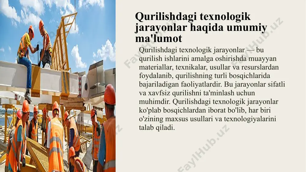 a aniq ishlab chiqarish mumkin. xulosa sun'iy intellekt va aqlli texnologiyalar qurilish sohasida samaradorlikni oshiradi, jarayonlarni tezlashtiradi, xavfsizlikni ta'minlaydi va resurslarni samarali boshqaradi. bu texnologiyalar qurilishning har bir bosqichida yaxshilanishlar yaratib, ekologik va iqtisodiy foyda keltiradi. foydalanilgan adabiyotlar "qurilishda yangi texnologiyalar" – muallif: sh. x. rahmonov "qurilish texnologiyalari va avtomatlashtirish" – muallif: a. s. toshmatov "arxitektura va qurilishda axborot texnologiyalari" – muallif: f. t. ismoilov "qurilishda innovatsion texnologiyalar" – muallif: r. s. mamatov image1.jpeg image2.jpeg image3.jpeg image4.jpeg image5.jpeg image6.jpeg