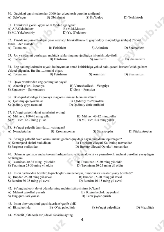 ayting? a) mil. avv. 100-40 ming yillar b) mil. av. 40-12 ming yillar s) mil. avv. 12-7 ming yillar d) mil. avv. 6-4 ming yillar 38. so’nggi paleolit davrida...... yashagan? a) neandertallar b) kromanyonlar s) sinantroplar d) pitekantroplar 39. so’nggi paleolit davri odami manzilgohlari quyidagi qaysi hududdan topilmagan? a) samarqand shahri hududidan b) toshkent viloyati ko’lbuloq mavzeidan s) farg'ona vodiysidan d) buxoro viloyatl qorako’l tumanidan 40. odamlar qachaon ancha takomillashgan kesuvchi, arralovchi va parmalovchi mehnat qurollari yasaydigan bo’lishgan? a) taxminan 30-35 ming yil oldin b) taxminan 15-20 ming yil oldin s) taxminan 25-30 ming yil oldin d) taxminan 20-25 ming yil oldin 41. inson qachondan boshlab taqinchoqlar - munchoqlar, tumorlar va uzuklar yasay boshladi? a) bundan 25-30 ming yil avval b) bundan 15-20 ming yil avval s) bundan 30-35 ming yil avval d) bundan 10-15 ming yil avval 42. so'nggi paleolit davri odamlarining muhim ixtirosi nima bo'lgan? a) mehnat qurollarl …