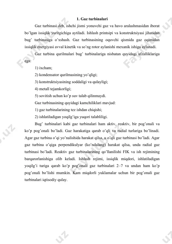 rtadi. shuning uchun gaz turbinasini ishga tushirishdan oldin uning aerodinamikasi tekshirib ko’riladi. gaz turbinasining alohida qurilmalarini hisoblash metodikasi bug’ turbinasi hisobi metodikasi bilan bir xil. kompressor atmosferadan havoni so’rib, kerakli bosimgacha siqib beradi va yonish kamerasiga uzatadi. yonish kamerasiga nasos orqali forsunkadan yoqilg’i keladi va havo bilan aralashib yonadi. hosil bo’lgan issiq aralashma turbinaga yo’naltiriladi (32–rasm). aralashma haroratini yonish kamerasida havo miqdori orqali o’zgartirish mumkin. masalan, turbina uchun issiq havo harorati 900–1100 k bo’lsa, u uzoq muddat ishlashi isbotlangan. yonish harorati esa yonish kamerasida 2000 k ni tashkil etadi. turbinada gaz kengayib, mexanik ish bajaradi. turbina validagi quvvatning bir qismi kompressor kuraklarining aylanishiga sarf bo’ladi, qolgani iste’molchiga uzatilishi yoki elektr energiyasi olishga sarf bo’lishi mumkin. gaz turbina qurilmasining ish tsikli nazariy va haqiqiy termodinamik tsikllarga bo’linadi. nazariy termodinamik tsiklda soddalashtirishlar qabul qilingan: 1) tsikl yopiq deb qaraladi, ideal gaz miqdori, tarkibi va sig’imi o’zgarmas; 2) tsikldagi hamma jarayonlar qaytar, issiqlik …
