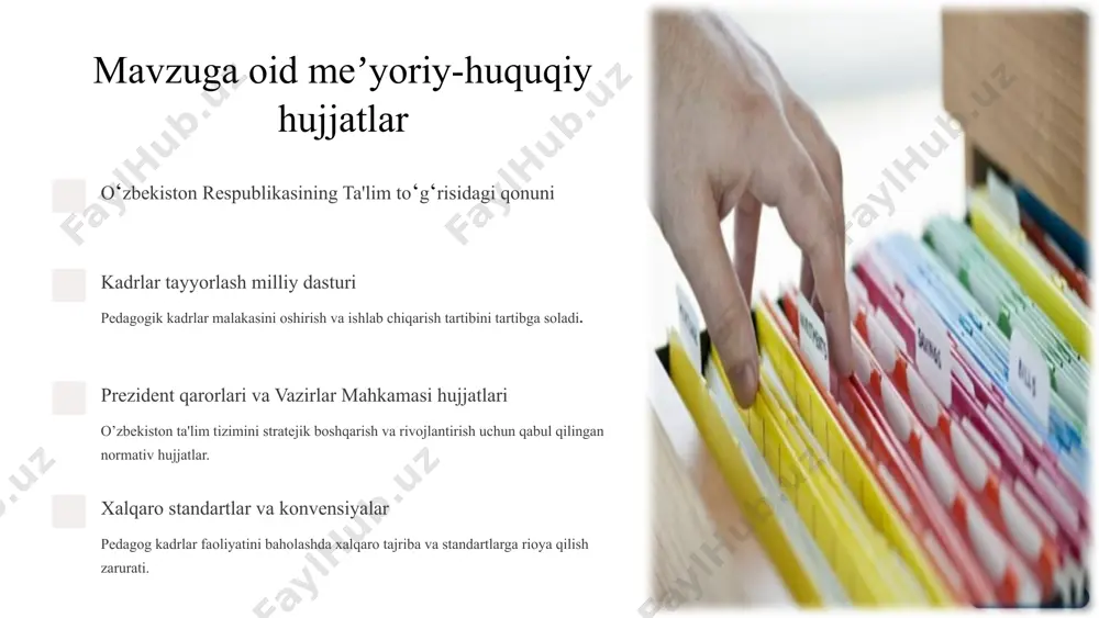 t/r o‘zbekistonda (amaldagi holat) singapur shvetsiya xitoy taklif 1 baholash asosan attestatsiya orqali 3 yilda bir amalga oshiriladi. nazariy testlar ustunlik qiladi. har yili '’performance appraisal'’ tizimi. rahbar va tajribali ustozlar baholaydi. har yili kasbiy suhbat asosida. o‘z-o‘zini tahlil qilish muhim. kasbiy mahorat, o‘quvchilar natijalari va malaka oshirish reyting asosida. ko‘p omilli baholash tizimini joriy etish. 2 baholash mezonlari umumiy, ba'zida subyektiv. aniq va shaffof mezonlar. hujjatlar bilan asoslangan. mezon asosida, ishtirokchi yondashuv. o‘qituvchi fikri muhim. mezonlar qat’iy va natijalarga yo‘naltirilgan. mezonlarni aniqlashtirish, shaffoflikni oshirish. 3 rag‘bat bilan bog‘liqligi kuchli emas. yuqori baholanganlar oylik, grantlar oladi. baholash natijasi rivojlanish rejasiga asos bo‘ladi. baholash – martaba o‘sish asosidir. natijalarni rag‘batlantirish tizimiga bog‘lash zarur. qiyosiy tahlil 6 pedagog kadrlar faoliyatini baholashda xorijiy tajribalar shuni ko‘rsatadiki, samarali baholash tizimi — bu o‘qituvchi kasbiy o‘sishining kaliti, ta’lim sifati kafolati va rag‘batlantiruvchi omildir. tajribalarni moslashtirish orqali adolatli, shaffof va rivojlantiruvchi baholash tizimini shakllantirish dolzarb vazifadir. …