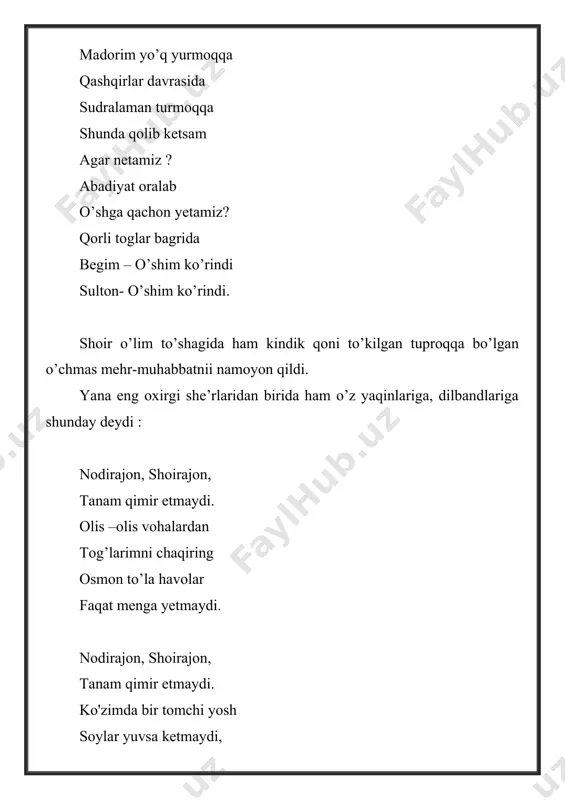 , tarjimalari bordir.insonning qancha yashagani yillar orqali emas, undan qolgan ezgu amallar, o’chmas ijodi orqali belgilanadi. mavzuga doir savol va topsiriqlar. 1. sh. rahmon qachon va qayerda tug’ilgan? 2. shoir qalbi deganda nimani tushunasiz? 3. sshoir ijidi qalb manzaralari qanday tasvirlanadi? 4. sh. rahmon idorasi qaerlarda namoyon bo’lgan? 5. sh. rahmonning so’ngi kunlari va ijodi haqida so’zlang? 6. sh. rahmon otashqalb shoir mavzusida matn tuzing? foydalangan adabiyotlar: 1. shavkat rahmon «saylanma» «sharq ‘’ nashriyoti 1997y 2. “o’zbekiston adabiyoti va san’ati “ gazetasi 1996y 3. “ til va adabiyot “ jurnali 1997 yil 1-2 sonlar. image1.jpeg