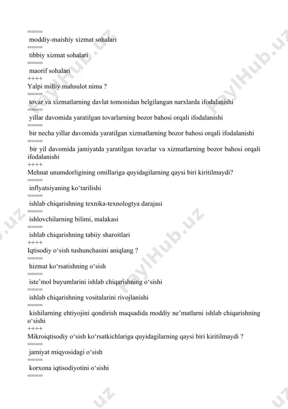 lum nisbatda ayirboshlash ==== o‘zining iste’moli uchun tayyorlanmaydi ++++ mulkiy munosabatlar deganda nimani tushunasiz ? ==== mulkni o‘zlashtirish jarayonida vujudga keladigan munosabat ==== mulk moddiy boylik degani ==== mulk moddiy boyliklar, kiyim-kechaklar, oziq-ovqatlar, zebi-ziynatlar ==== mulk biror shaxs yoki korxona, tashkilotlarga tegishli narsa ++++ mulkchilik obyektiga quyidagilarning qaysi biri kiritilmaydi? ==== xududiy birlashmalar, xar xil tashkilotlar ==== yer, suv, konlar ==== o‘simlik va xayvonot dunyosi ==== mashinalar, uskunalar ++++ sotsial – iktisodiy tizim kanday izoxlanadi? ==== jamiyatning ishlab chikaruvchi kuchlari ==== ishlab chikarishni tashkil etuvchi jarayon ==== jamiyatning sotsial-iktisodiy tuzilishi ==== jamiyatning ishlab chikarish munosabatlari ++++ mulkiy jixatdan karaganda sotsial-iktisodiy tizimlarni kanday toifalarga ajratish mumkin? ==== aralash iktisodiyot ==== monostrukturali tizim ==== natural ishlab chikarish ==== tovar ishlab chikarish ++++ monoiktisodiyot kanday izoxlanadi? ==== erkin rakobatga asoslangan iktisodiyot ==== bozor iktisodiyotiga asoslangan iktisordiyot ==== yakka mulk shakliga tayangan iktisodiyot ==== aralash iktisodiyot ++++ kuyidagilardan kaysi biri poliiktisodiyot tizimiga mansub? ==== …