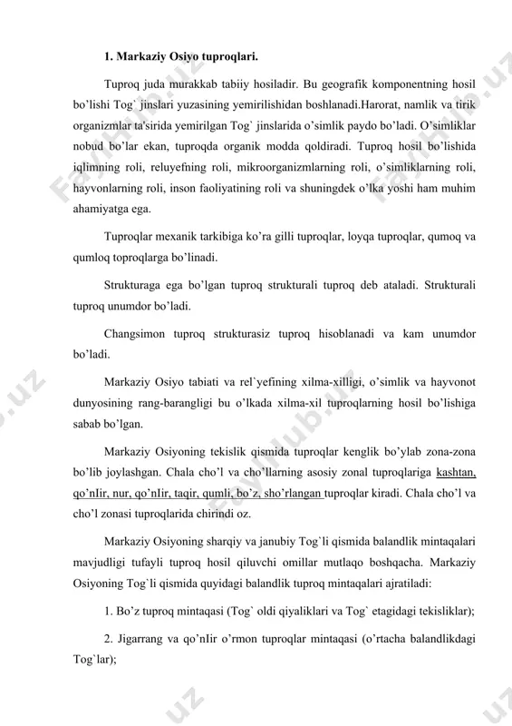r). rel`yef, iqlim, gidrogeologik va shu kabi faktorlarning o’zgarishi bilan zonal tuproqlar orasida azonal tuproqlar - o’tloq, allyuvial-o’tloq, o’tloq-botqoq, botqoq, sho’rxok va turli darajada sho’rlangan kashtan va bo’z tuproqlar ham uchraydi. markaziy osiyoning (qozog`istonning) shimoliy qismi dasht zonasiga to’іri keladi va bu yerlarda qora tuproqlar tarqalgan. janubroqda, ya'niqozog`iston past tog`larining markaziy qismlari, muіojar tog`lari chalacho’l zonasida joylashgan shu sababli bu yerlarda, och tusli kashtan va qo’nіir tuproq ko’p uchraydi. chalacho’l zonasining janubida qo’nіir tuproqlar uchraydi, chalacho’l zonasining daryo bo’ylarida, sizot suvlari yaqin bo’lgan joylarda o’tloq, o’tloq-botqoq, botqoq-allyuvial, sho’rxok tuproqlar uchraydi. turkiston shimolidagi cho’llarda katta bo’rsiq, kichik bo’rsiq qumlari, orol bo’yiqoraqumi, mo’yinqum, balxash bo’yi qumli cho’llarida ishqori ko’proq bo’lgan och tusli qo’nіir tuproqlar tarqalgan. јoraqum, orqaungizqoraqumi,qizilqum,qarshi, karnob cho’llari, kaspiy bo’yi sohili cho’llari janubiy cho’llar tipiga mansub va shu tufayli sur-qo’nіir, qum-taqir, o’tloq-botqoq tipli tuproqlardan, sho’rxoklardan iborat. јumli cho’llarda tuproq hosil bo’lish jarayoni juda sust davom etadi, shu sababli uchib yurmaydigan qumlarda …