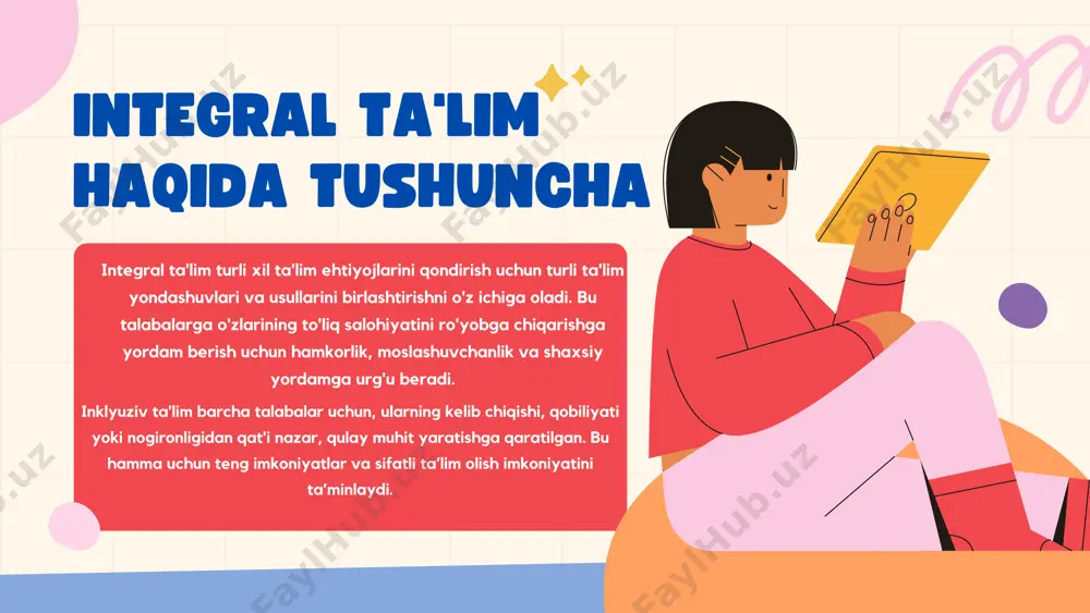 arning turli ehtiyojlarini qondirish uchun turli xil o'qitish usullarini birlashtirishni o'z ichiga oladi. ta'limdagi ijtimoiy realizatsiya o'quvchilarni jamiyatning faol a'zosi bo'lishga tayyorlashga qaratilgan. inklyuziv o‘quv dasturlari dizayni barcha o‘quvchilar uchun ochiq va foydali bo‘lgan, xilma-xillik va inklyuzivlikni targ‘ib qiluvchi o‘quv dasturini yaratishga qaratilgan. ushbu tamoyillarni ta'limga kiritish orqali biz barcha o'quvchilarning noyob qobiliyatlari va istiqbollarini qadrlaydigan va nishonlaydigan yanada inklyuziv va vakolatli o'quv muhitini yaratishimiz mumkin. e’tiboringiz uchun tashakkur!!!!