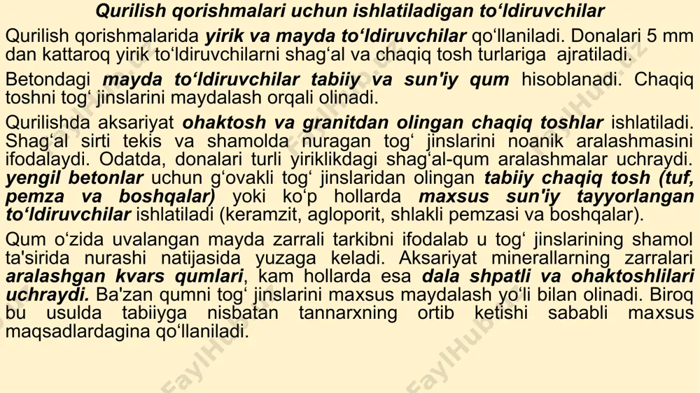 biga ta'sir etuvchi xususiyatlardan kelib chiqib tegishli talablar qo‘yiladi. betonning xususiyatiga to‘ldiruvchining donadorlik tarkibi, mustahkamligi va tozaligi nisbatan ahamiyatli ta'sir ko‘rsatadi. donadorlik tarkib to‘ldiruvchidagi turli yiriklikdagi donalar miqdorini ko‘rsatadi. bu miqdorni to‘ldiruvchidan olingan namunani teshiklari 0,14-70 mm va undan ham yirikroq standart elaklardan o‘tkazib aniqlanadi. to‘ldiruvchilar turli o‘lchamdagi donalarga ega odatdagi va fraksiyalangan turlariga bo‘linadi. fraksiyalangan to‘lidiruvchining donalari alohida fraksiyalarga ajralgan, o‘lchamlari esa bir-birlariga yaqin, masalan 5-10 mm yoki 20-40 mm dan iborat. to‘ldiruvchini eng kichik yiriklikdagi yoki eng katta yiriklikdagilari bo‘yicha xarakterlaydilar. bu holda to‘ldiruvchi donalarining nisbatan eng kichik yoki eng katta o‘lchamlariga qarab tushuniladi. to‘ldiruvchida alohida yirik yoki mayda donalar uchrashi mumkin, biroq ularning miqdori 5 % dan oshmasligi kerak. agarda donadorlik tarkibda barcha o‘lchamlardagi, xususan eng maydasidan eng yirigigacha donalar mavjud bo‘lsa bu tarkib uzluksiz tarkib deyiladi. agarda to‘ldiruvchida qandaydir bir oraliq o‘lchamlardagi donalar mavjud bo‘lmasa bunday donador tarkib uzlukli tarkib deb ataladi. to‘ldiruvchining optimal (eng maqbul) …