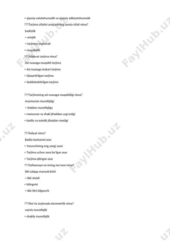 qilish? asl nusxa tilidan tarjima qilish = boshqa til orqali tarjima qilish = vositachi til orqali tarjima qilish = to’g’ri javob yo’q ???bilvosita tarjima qilish? vositachi til orqali tarjima qilish = asl nusxa tilidan tarjima qilish = uslubiy tarjima qilish = barcha jovoblar to’g’ri ???tarjima muallifning . . . do’sti = hamkori = davomi = ikkinchi hayoti ???uslubiy moslashtirish nima? asar yaratilgan davr uslubini saqlash = asarda tasvirlangan davr uslubini saqlash = muallif uslubini saqlash = tarjimon uslubini saqlash ???tarjimada milliylashtirish nima? asl nusxani milliylashtirib tarjima qilish = asl nusxani qisqartirib tarjima qilish = asl nusxani tarjima tiliga moslashtirish = asl nusxani tarjima tilida qaytadan yozib chiqish ???tabdil nima? uzoq tillardan tarjima qilish = yaqin tillardan tarjima qilish = qadimiy tildan hozirgi tilga tarjima qilish = o’lik tillardan tarjima qilish???adekvat tarjima nima? ???erkin tarjima nima? ijodiy tarjima = soddalashtirilgan tarjima = milliylashtirilgan tarjima = tarjimon tomonidan o’zgartirilgan tarjima ???qaysi yili …