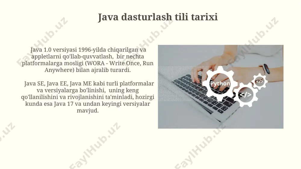 ist` kabi 20 dan ortiq standart kutubxona sinflarini import qilish kerak bo'lishi mumkin. polimorfizm java'da polimorfizm obyektlarning turli xil klasslardan bo'lishiga qaramasdan, bir xil metod nomlarini ishlatishiga imkon beradi, bu esa kodning qayta ishlanishini va 2-3 marta kod yozishdan qochishni ta'minlaydi. polimorfizmning asosiy turlari - kompilyatsiya vaqtida va bajarilish vaqtida polimorfizm bo'lib, ularning har biri 1 dan ortiq klasslar bilan ishlashda 5 xil holatlarni qo'llab-quvvatlaydi. i/o operatsiyalari java'da fayllar bilan ishlashda ikkita asosiy oqim mavjud: byte oqimi (inputstream, outputstream) va belgilar oqimi (reader, writer). byte oqimi 8 bitlik ma'lumotlarni, belgilar oqimi esa 16 bitlik unicode belgilarni qayta ishlaydi. `ioexception` — i/o operatsiyalari paytida yuzaga keladigan istisno. masalan, fayl mavjud bo'lmasa yoki yozish huquqi bo'lmasa, 1-usulda bajariladigan harakat bajarilmaydi va bu istisno qaytariladi. tsikl operatorlari java'da uchta asosiy tsikl operatori mavjud: `for`, `while` va `do-while`. `for` operatori ma'lum sonli takrorlash uchun, `while` va `do-while` esa shart bajarilguncha takrorlash uchun ishlatiladi. ularning …