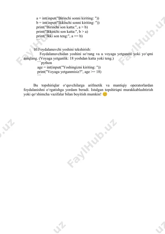 python dasturlashida arifmetik va mantiqiy operatorlar mavzusiga oid 10 ta sodda topshiriq - Page 3
