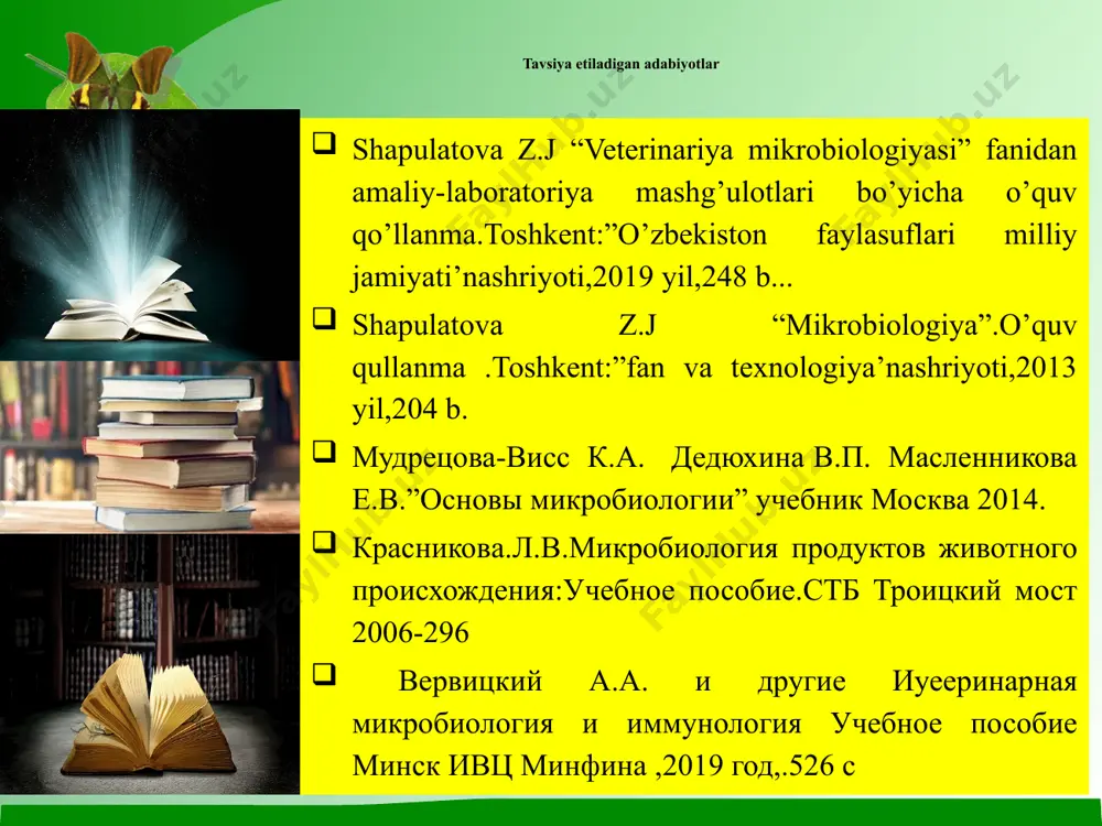 ral azotning organik azotgacha aylantirilishi birqancha bosqichlarda o’tadi. chirituvchi mikroblar oqsilni parchalashi natijasida oraliq moddalar birikmasi (albumoz, pepton, amid, aminokislotalar), sassiq hidli moddalar (indol, skotol, vodorod sulfid, uchuvchi yog’ kislotalar) va ammiak hosil bo’ladi. bu ammonifikasiya deb atalib, qo’zg’atuvchilari amonifikatorlar deb nomlanadi. mochevina hayvon organizmida oqsillar almashinuvi natijasida to’planib, siydik bilan chiqariladi. urobakteriyalar ureaza fermenti ta’sirida mochevinani – suv, karbonat angidridi va ammiakgacha parchalaydi. ammiakni o’simliklar o’zlashtiradi. mikroorganizmlarning azot aylanishidagi ammonifikasiyadan keyingi ikkinchi bosqichi – nitrifikasiyadir. nitrifikasiya jarayonida nitrifikasiyalovchi mikroblar ammiak va ammoniy tuzlarini nitrit ( 2nh3+3o2=2hno2+158 kal ) va nitrat kislotalari (2hno2+o2=2hno3+48) tuzlarigacha oksidlaydi. hosil bo’lgan nitrat kislota tuproqda ishqorlar bilan birikib, selitra hosil qiladi. selitra suvda yaxshi eriydi va o’simliklar uni o’zlashtiradi. bu jarayon natijasida tuproq azotga boyiydi va uning unumdorligi oshadi. nitrifikasiyalovchi mikroblarga nitrosomonas, nitrosocystis, nitrosospiralar kiradi. denitrifikasiya, nitrifikasiyaga qarama-qarshi jarayondir. bunda denitrifikasiyalovchi mikroorganizmlar ta’sirida nitrat kislota tuzlari molekulyar azotgacha qaytarilib havoga uchib ketadi, natijada tuproqning unumdorligi …