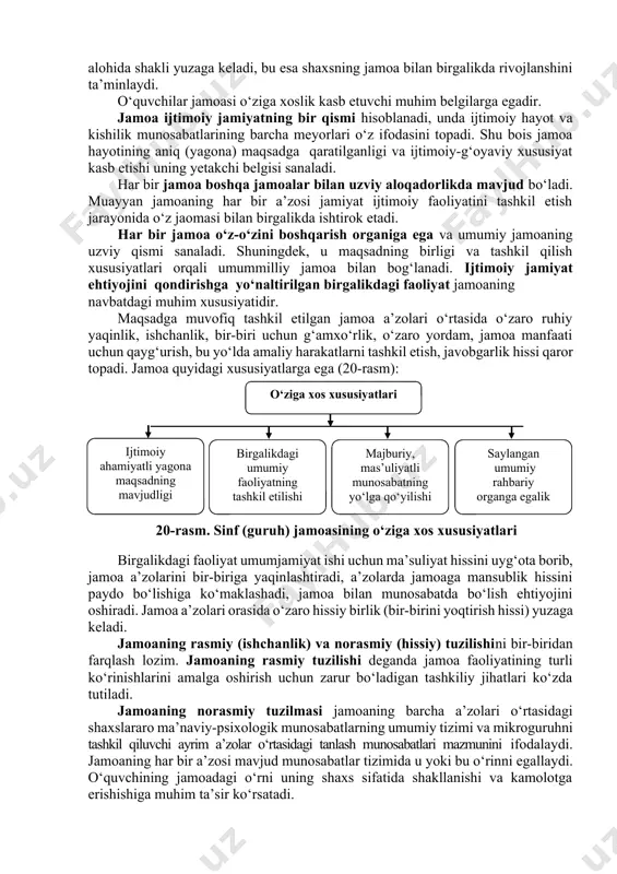 sababli har qanday jamoa kabi о‘quvchi shaxsiga tarbiyaviy ta’sir kо‘rsatish imkoniyatiga ega. jamoada va jamoa yordamida tarbiyalash tarbiya tizimida muhim ahamiyatga ega bо‘lgan tamoyillardan biridir. shaxsni shakllantirishda jamoaning yetakchi rol о‘ynashi tо‘g‘risidagi fikrlar pedagogika fanining ilk rivojlanish davrlaridayoq bildirilgan. jamoada uning a’zolari о‘rtasidagi munosabatning alohida shakli yuzaga keladi, bu esa shaxsning jamoa bilan birgalikda rivojlanshini ta’minlaydi. о‘quvchilar jamoasi о‘ziga xoslik kasb etuvchi muhim belgilarga egadir. jamoa ijtimoiy jamiyatning bir qismi hisoblanadi, unda ijtimoiy hayot va kishilik munosabatlarining barcha meyorlari о‘z ifodasini topadi. shu bois jamoa hayotining aniq (yagona) maqsadga qaratilganligi va ijtimoiy-g‘oyaviy xususiyat kasb etishi uning yetakchi belgisi sanaladi. har bir jamoa boshqa jamoalar bilan uzviy aloqadorlikda mavjud bо‘ladi. muayyan jamoaning har bir a’zosi jamiyat ijtimoiy faoliyatini tashkil etish jarayonida о‘z jaomasi bilan birgalikda ishtirok etadi. har bir jamoa о‘z-о‘zini boshqarish organiga ega va umumiy jamoaning uzviy qismi sanaladi. shuningdek, u maqsadning birligi va tashkil qilish xususiyatlari orqali umummilliy jamoa …