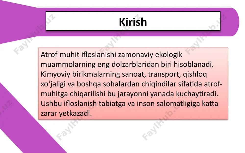 hamkorlik orqali amalga oshishi mumkin. adabiyotlar 1. brown g. m. environmental chemistry. cambridge university press, 2019. 2. қурбонова ш.р. экология ва атроф-муҳит муҳофазаси. тошкент: фан, 2020. 3. manahan s. e. introduction to environmental chemistry. crc press, 2017. 4. сидоренко и. п. экология человека и природной среды. москва: юрайт, 2018. e’tiboringiz uchun raxmat storm image1.jpeg image2.jpeg image3.jpeg image4.jpeg image5.jpeg image6.jpeg image7.jpeg image8.png /docprops/thumbnail.jpeg