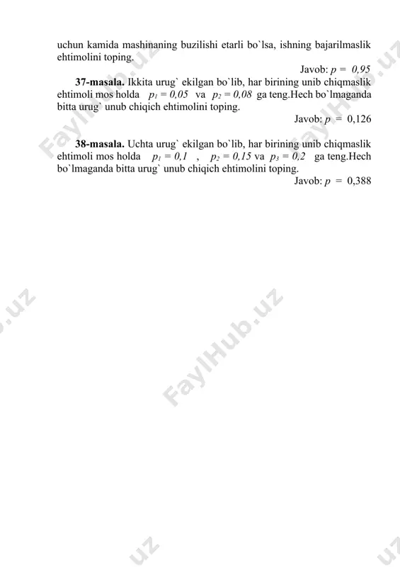 42-masala. yuqoridagi masala shartida: 1) ko`pi bilan ikkita yangi na; 2) ko`pi bilan uchta yangi nav chiqish ehtimolini hisoblang. javob: 0,48; 0,62 43-masala. erkak buzoqlarning tug`ilish ehtimoli 0,4 ga teng bo`lsa, to`rtta sigirdan kamida 3 ta erkak buzoq tug`lishi ehtimolini hisoblang. javob: 0,1792 44-masala. tanga 5 marta tashlanganda gerbil tomoni: 1) ikki martadan kam; 2) kamida ikki marta tshish ehtimolini hisoblang. javob: 0,1875; 0,8125 45-masala. fermadagi qo`ylarning 10% i kasallikka qarshi emlangan. shu fermadan keltirilgan 20 ta qo`ydan: 1) 2 tasi emlanmagan chiqishi; 2) 4 tasining emlanmagan chiqishi ehtimolini hisoblang. javob: 0,270; 0,0898 46-masala. yuqoridagi masala shartida: 1) kamida uchtasinig emlanmaganligi ehtimolini; 2) emlanmaganlarining o`rtacha sonini hisoblang. javob: 0,3231; 2 iv.2. laplasning local va integral teoremalari har bir sinovda ro`y berish ehtimoli p(a) = p ( ) ga teng bo`lgan a hodisaning n ta bog`liq bo`lmagan tajribalar ketma-ketligida m marta ro`y berish ehtimoli taqriban formula bilan hisoblanadi.bu yerda , bo`lib,x …