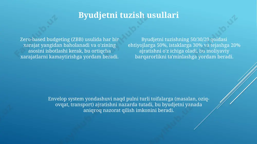 iliga 12 million so'm) va investitsiyalardan olingan foizlarni (oyiga 100 ming so'm) hisobga olish muhim. daromadlarni aniqlash jarayonida bir martalik daromadlarni (masalan, sotilgan mol-mulkdan tushgan 20 million so'm) muntazam daromadlardan farqlash kerak, chunki ular byudjetni rejalashtirishda turlicha hisoblanadi. to'g'ri daromadlarni aniqlash uchun barcha daromadlarni yozib borish va har bir manba bo'yicha oylik yoki yillik o'rtacha qiymatini hisoblash tavsiya etiladi; masalan, 3 oylik davr uchun o'rtacha daromad hisoblanadi. byudjetni rejalashtirish byudjetni rejalashtirish jarayonida harajatlarning kamida 15%ini o'zgaruvchan xarajatlarga, 5%ini esa kutilmagan xarajatlarga ajratish tavsiya etiladi. byudjetni rejalashtirishda 3 oylik davr uchun o'rtacha 20% tejashni maqsad qilib qo'yish, keyingi 6 oy uchun esa bu ko'rsatkichni 40% ga oshirish samarali bo'ladi. kichik biznes uchun byudjetni rejalashtirishda daromadning 25%ini investitsiyalarga, 10%ini esa zaxira jamg'armasiga ajratish muhim hisoblanadi. byudjet nima? samarali byudjet, taxminan 50/30/20 qoidasiga amal qilib, kirimlarni ehtiyojlarga (50%), xohishlarga (30%) va tejashga (20%) taqsimlashni o‘z ichiga oladi. byudjet – bu kelgusi davr (masalan, …