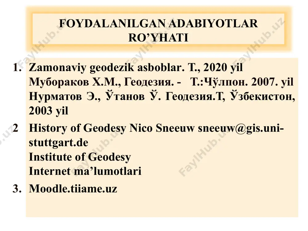 k ishlarni bajarish usullari vazifalar kanal temir yo‘llar yo‘l bino va inshoatlar shahar qishloq hujaligi ko‘chalar yo‘llar nivelir teodolit geodezik tayanch punktlar dishifrovka fotoplan suniy yuldosh karta mashtab matematik hisob kitob grafiklar elektrin taheometr loyihalash gps yer osti geodezik ishlar injenerlik inshoatlar tarixga nazar abu rayhon beruniy (973-1048) al-xorazmiy abu rayhon beruniy (973-1048) beruniy 973 yil 4 sentyabrda xorazmning qiyot (kat) shahrida dunyoga kelgan. dastlabki ta’limni ona shahrida olgan, mashhur olim beruniy 973 yil 4 sentyabrda xorazmning qiyot (kat) shahrida dunyoga kelgan. dastlabki ta’limni ona shahrida olgan, mashhur olim abu nasr ibn ali iroqdan ilmi nujum, riyozat kabi fanlardan dars oladi. u 17 yoshida ilk astronomik kuzatishlarni o‘tkazadi. u 150 dan ortiq ilmiy asarlar yozadi undan 40 geodeziya faniga oid. buyuk bobokalonimiz 1048 yil 13 dekabrda g‘aznada vafot etgan. «berun» yoki «birun» so‘zi «tashqari» degan ma’noni anglatadi. ma'lumotlarda yozilishicha uning 152 ta kitobining nomi ma'lum. bizgacha ulardan 27 tasigina yetib …